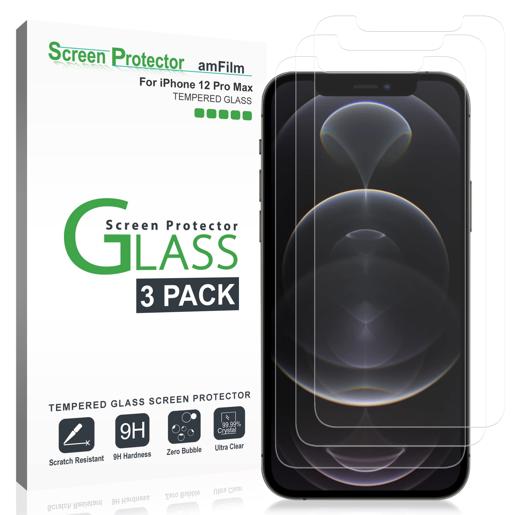 amFilm Glass Screen Protector Compatible for iPhone 12 Pro Max 6.7 Display, 2020, with Easy Installation Tray, Tempered Glass, 