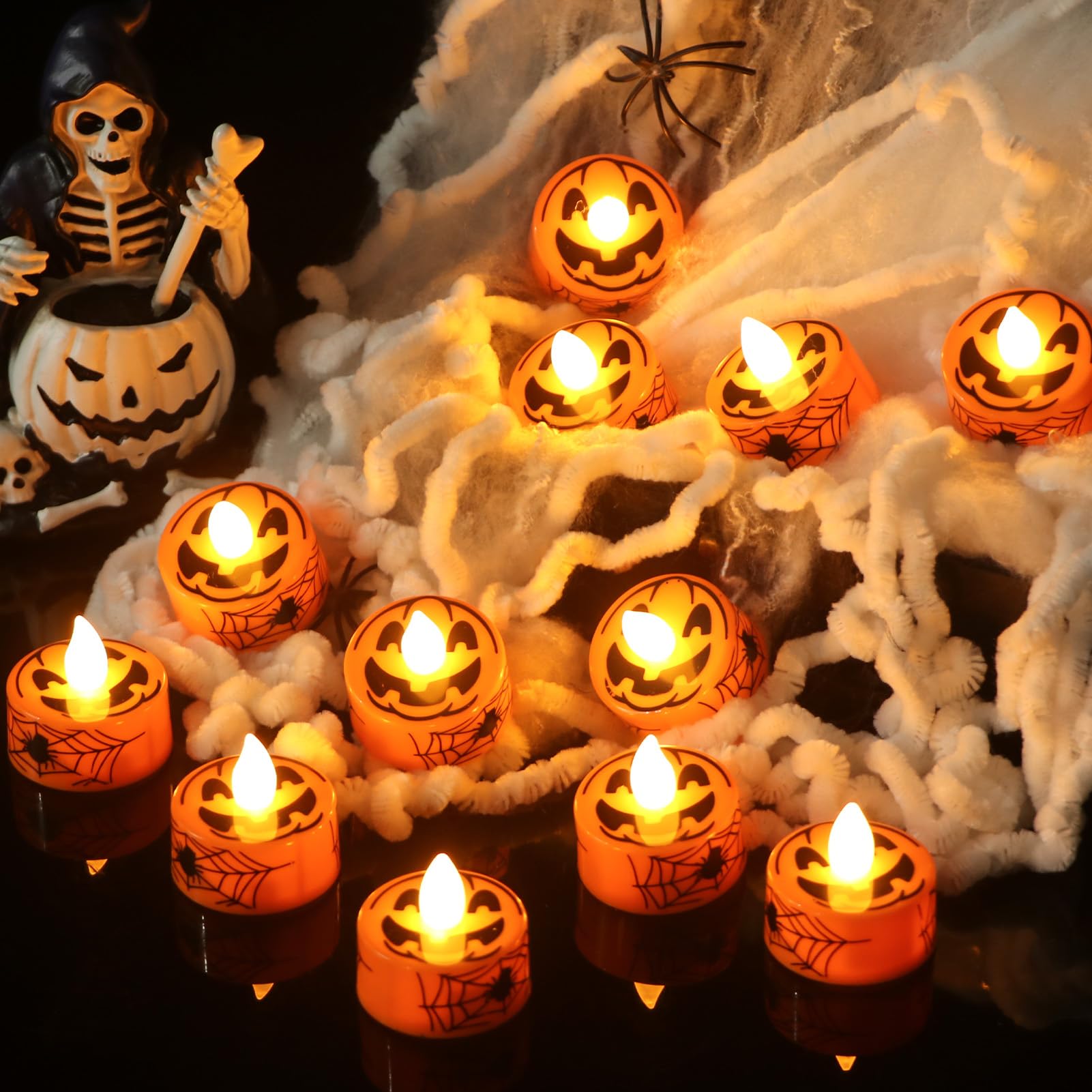 Kunswenn Halloween Pumpkin Tealights Candles, 12 Pack Led Flameless Candles With Timer, Tea Lights Candles Battery Operated With