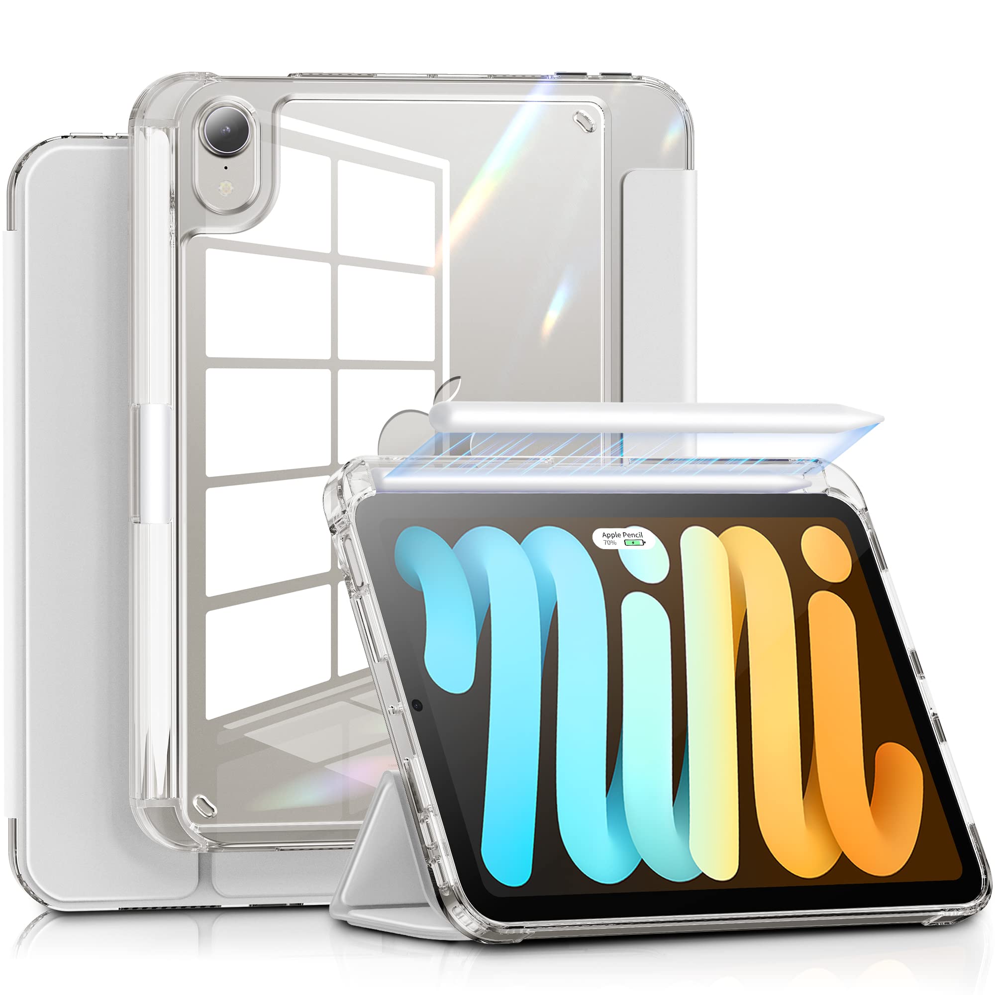 Infiland New Hybrid Ipad Mini 6 Case (8.3 Inch, 2021), Ultra Clear Back & Pu Leather Cover 6 Ft Drop Protection Ipad Mini 6Th Generation Case With Pencil Holder Support Wireless Charging, Silver