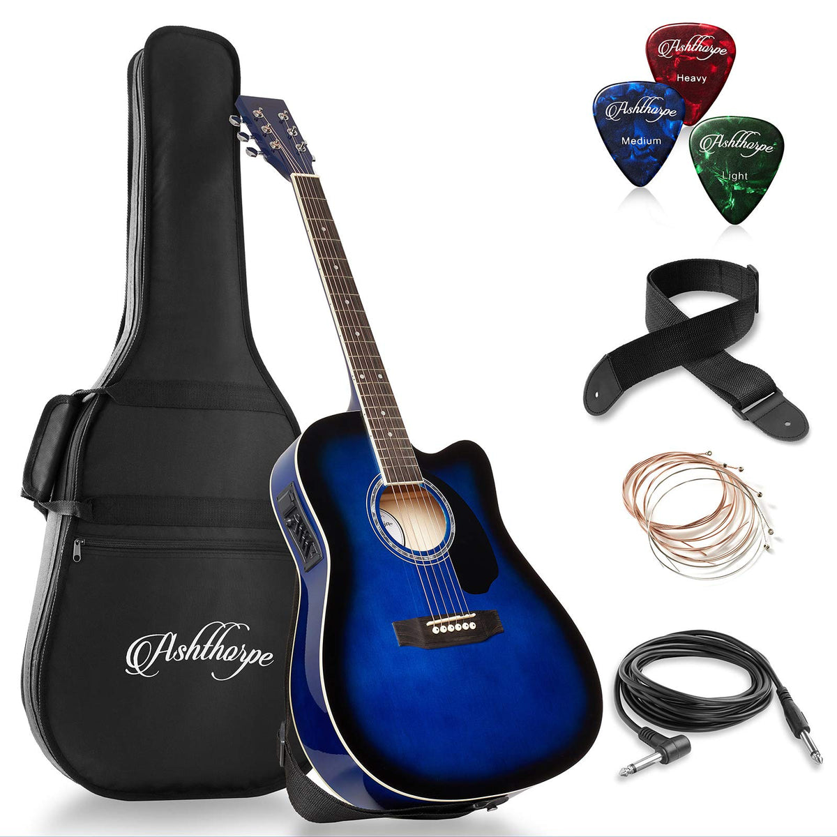 Ashthorpe Full Size Cutaway Thinline Acoustic Electric Guitar Package   Premium Tonewoods   Blue