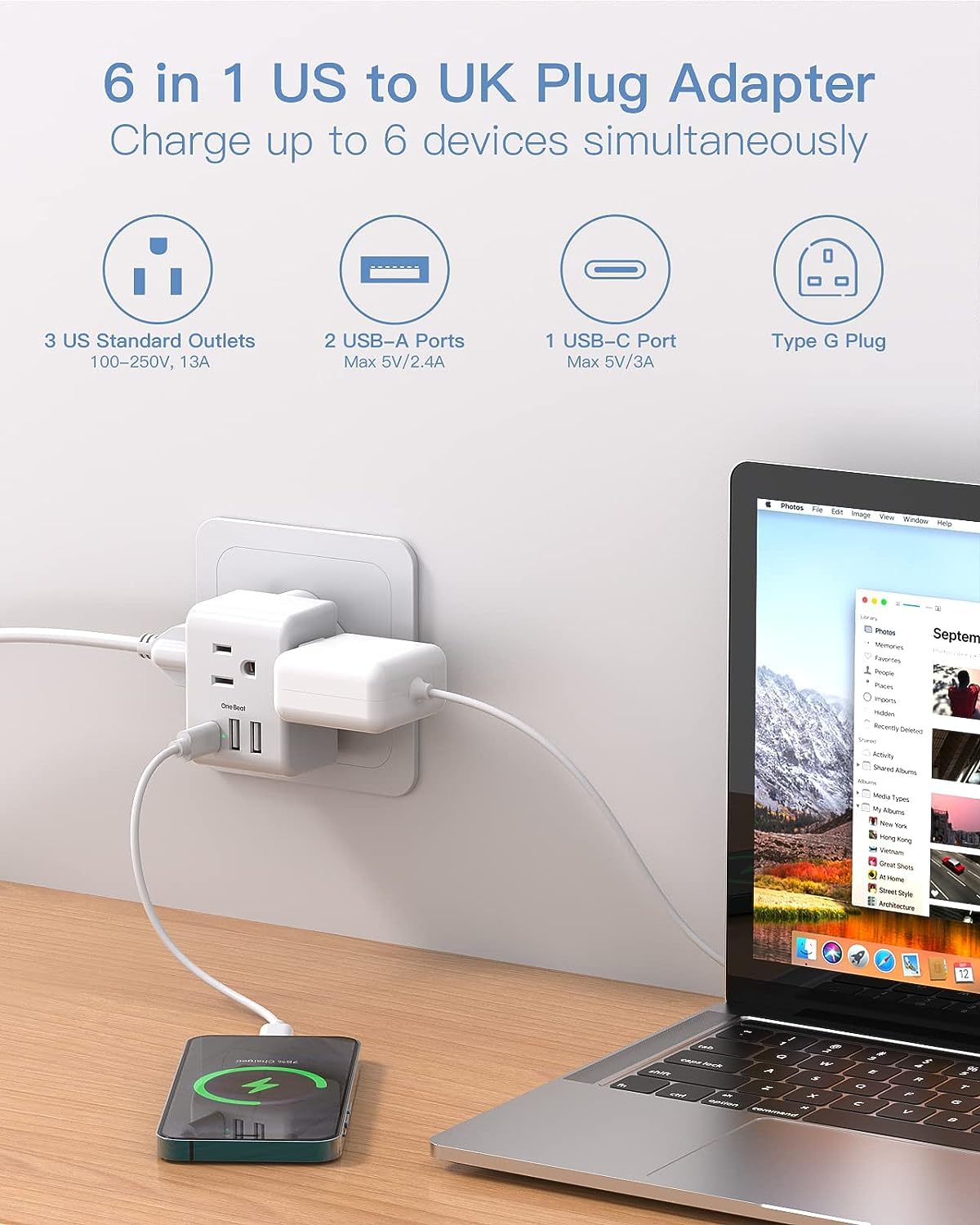 2 Pack Us To Uk Ireland Travel Plug Adapter, Type G Power Plug Adapter With 3 Outlets 3 Usb Ports(1Usb C), European Travel Plug