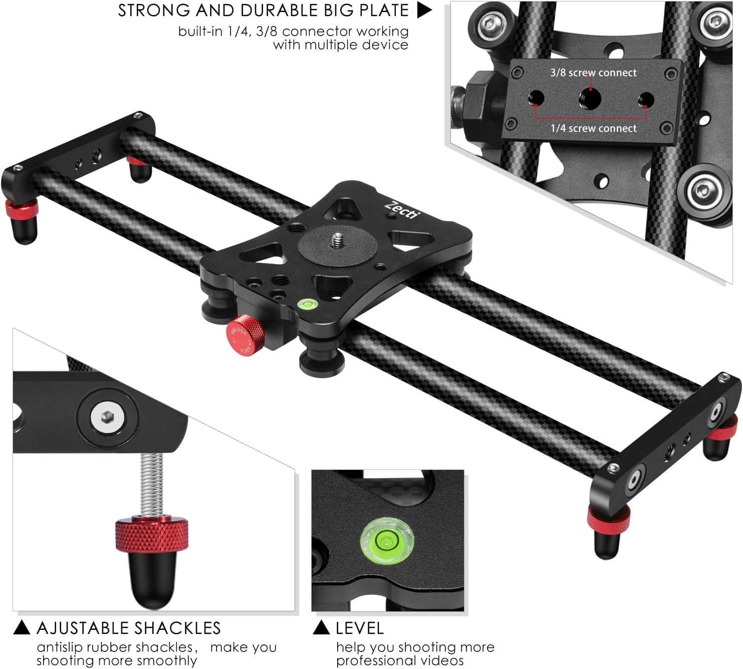 Zecti Camera Slider 24 /60 Cm Adjustable Carbon Fiber Camera Dolly Track Slider Video Stabilizer Rail For Camera Dslr Video Movi
