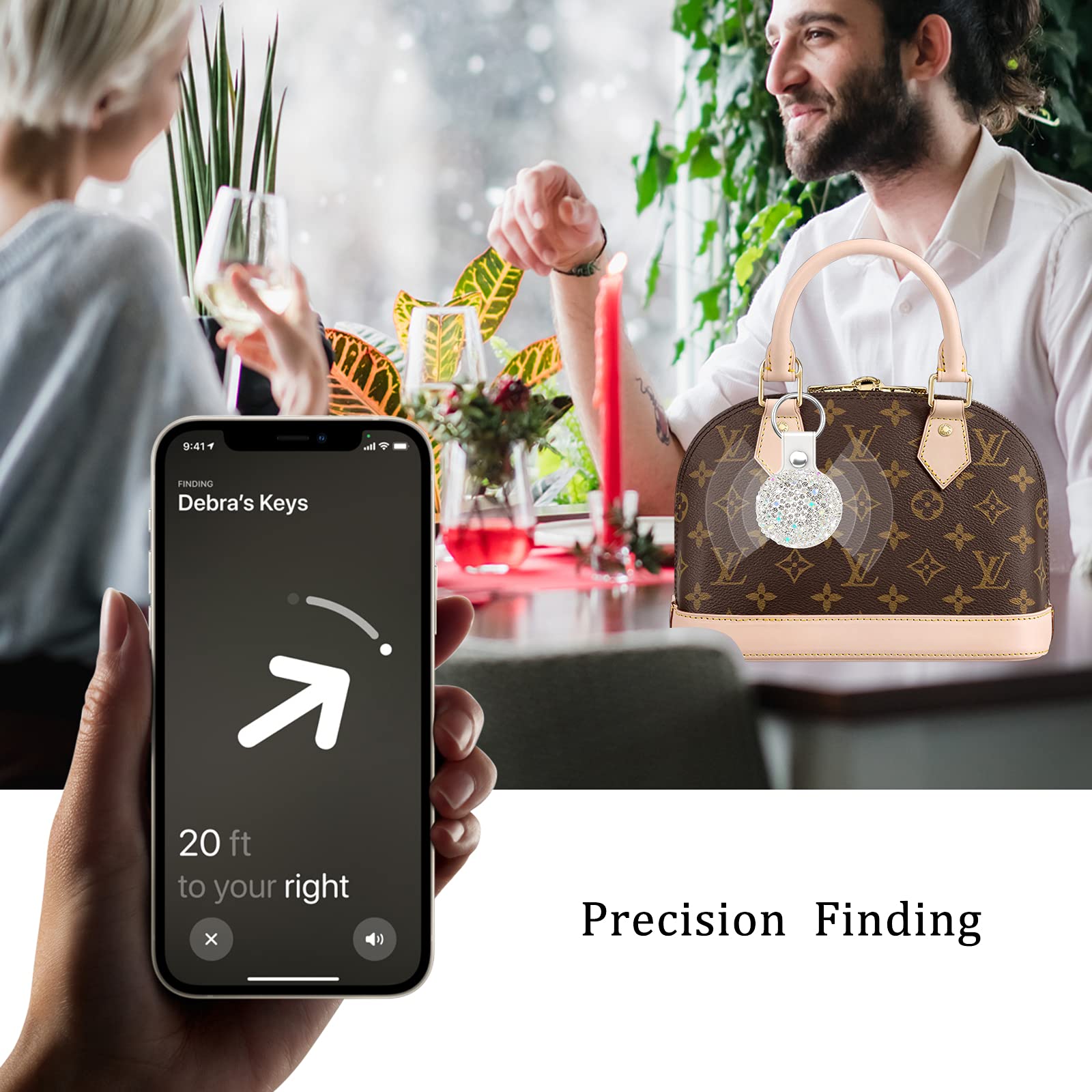 Qearfun Bling Diamond Apple Airtag Case, Sparkly Leather Airtag Keychain Holder With Shiny Rhinestone, Glitter Girly Fancy Apple