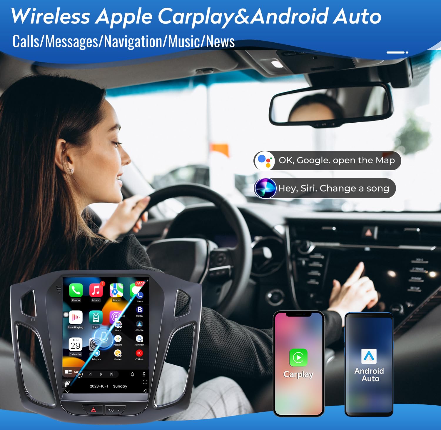 5Gwifi Upgrade 4+32G(8 Core) 1024 * 768 Hd Android13 Car Stereo Radio For Ford Focus 2012 2018 Wireless Carplay & Andriod Auto B