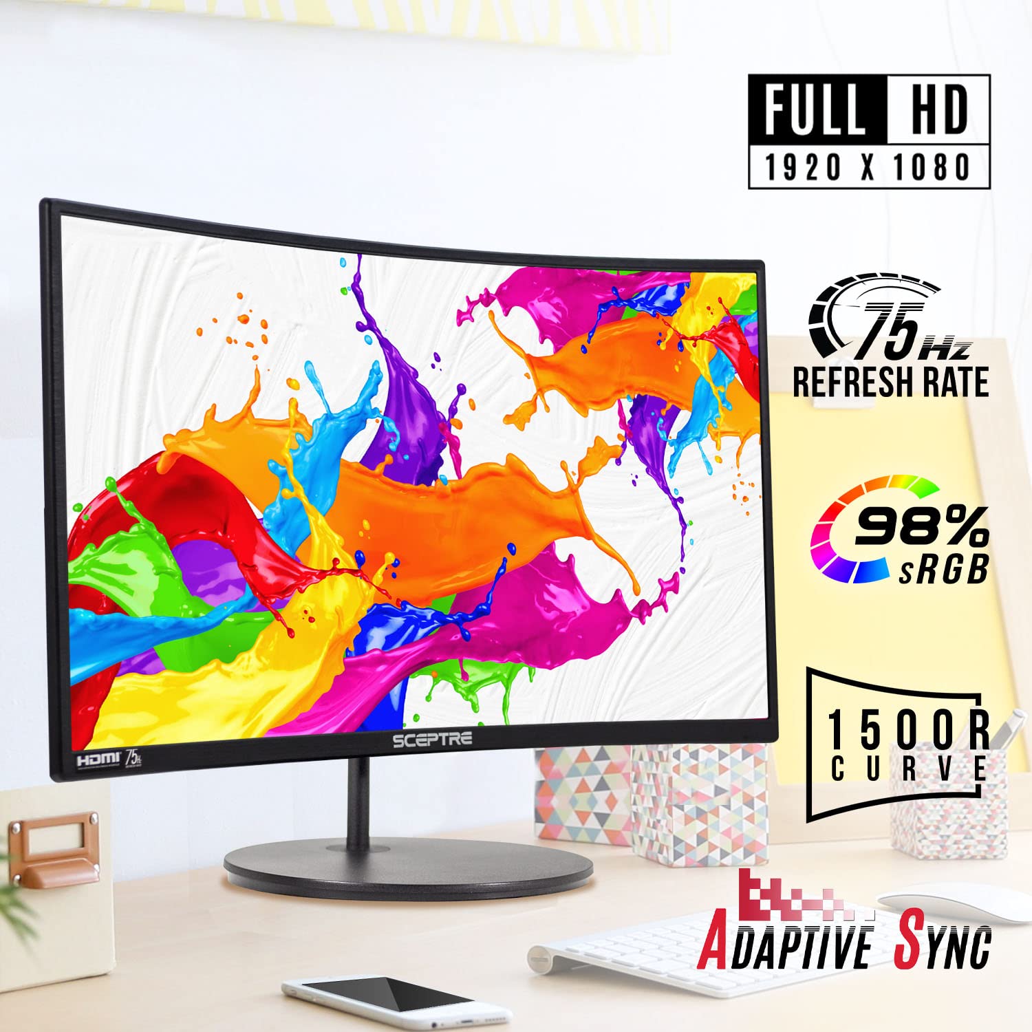 Sceptre Curved 24'' Fhd 1080P Gaming Monitor 75Hz Hdmix2 Vga 98% Srgb R1500 Build In Speakers, Machine Black 2022 (C249W 1920Rn