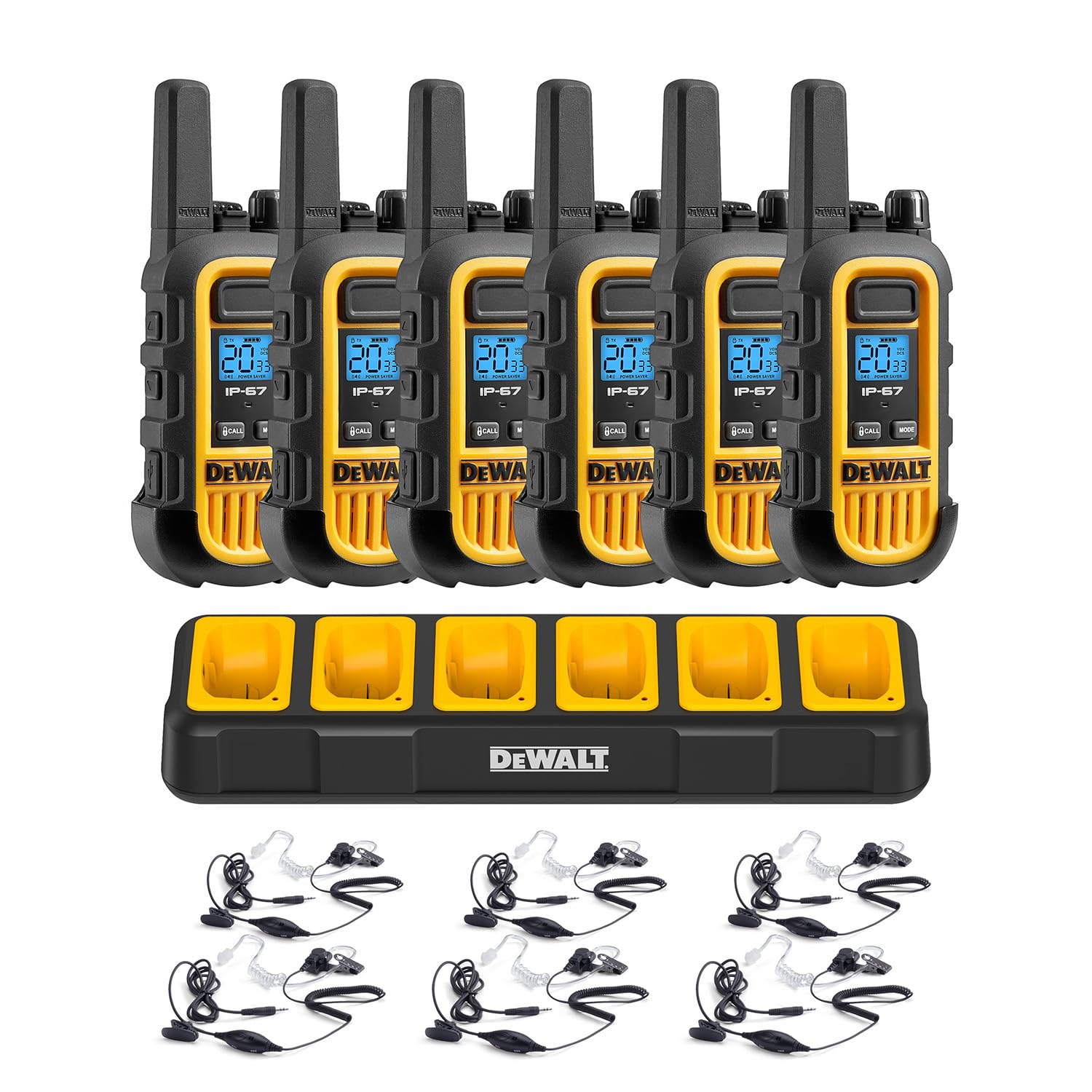 Dewalt Dxfrs300 Bundle 1W Walkie Talkies Heavy Duty Business Two Way Radios, 6 Pack With 6 Headsets Plus Gang Charger (Dxfrs300Bch6 Sv1)