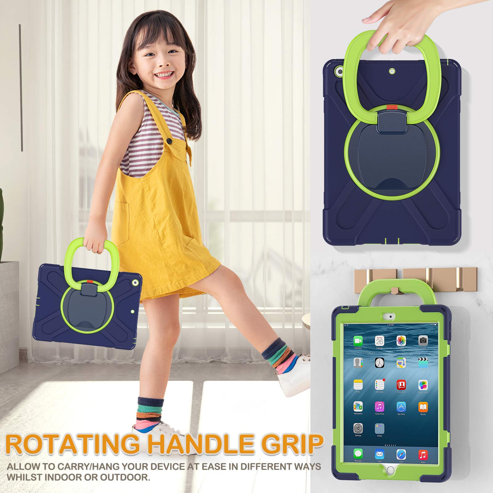 Braecn Kids Shockproof Hard Case For Ipad 10.2 Navy+Green, With Anti Scratch Screen Protector, Pencil Holder, Carrying Strap, An