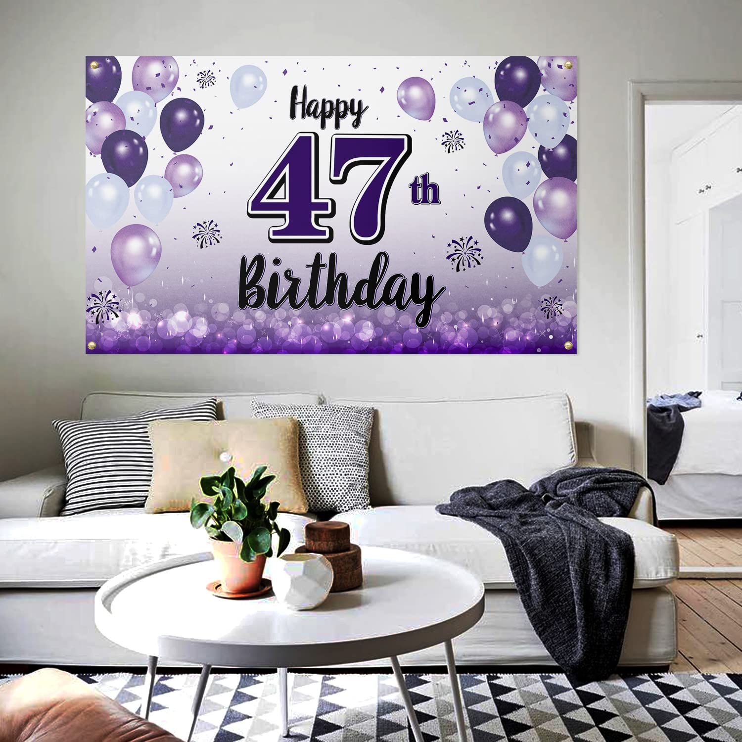 Laskyer Happy 47Th Birthday Decorations,47Th Purple Balloon Large Birthday Banner Backdrop Sign,47 Years Old Bday Party Supplies