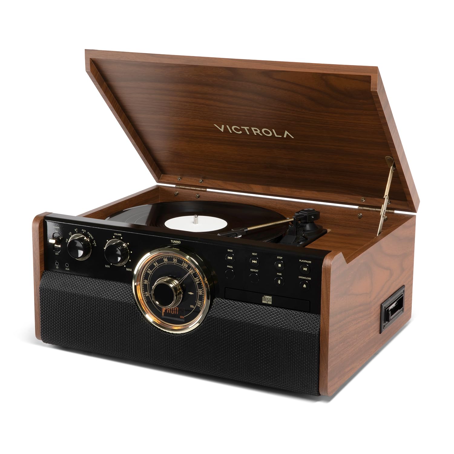 Victrola The Empire Mid-Century 6-in-1 Turntable & Multimedia Center with Built-in Speakers - 3 Speed, Bluetooth Connectivity, R