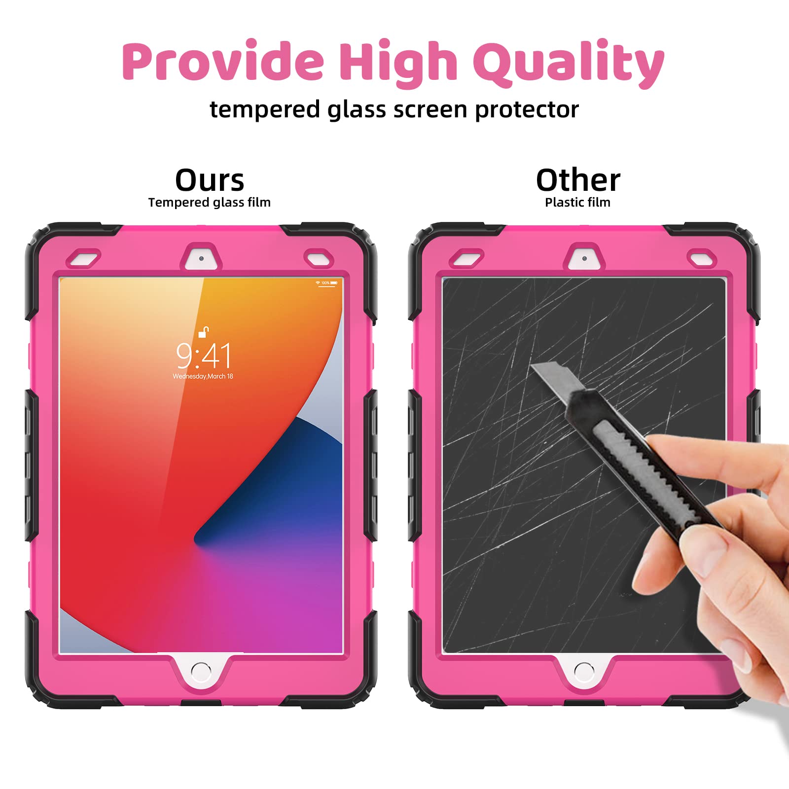 Blosomeet Case For Ipad 9Th Generation 2021 10.2 Inch With Tempered Glass Screen Protector & Pencil Holder,Protective Kids Ipad