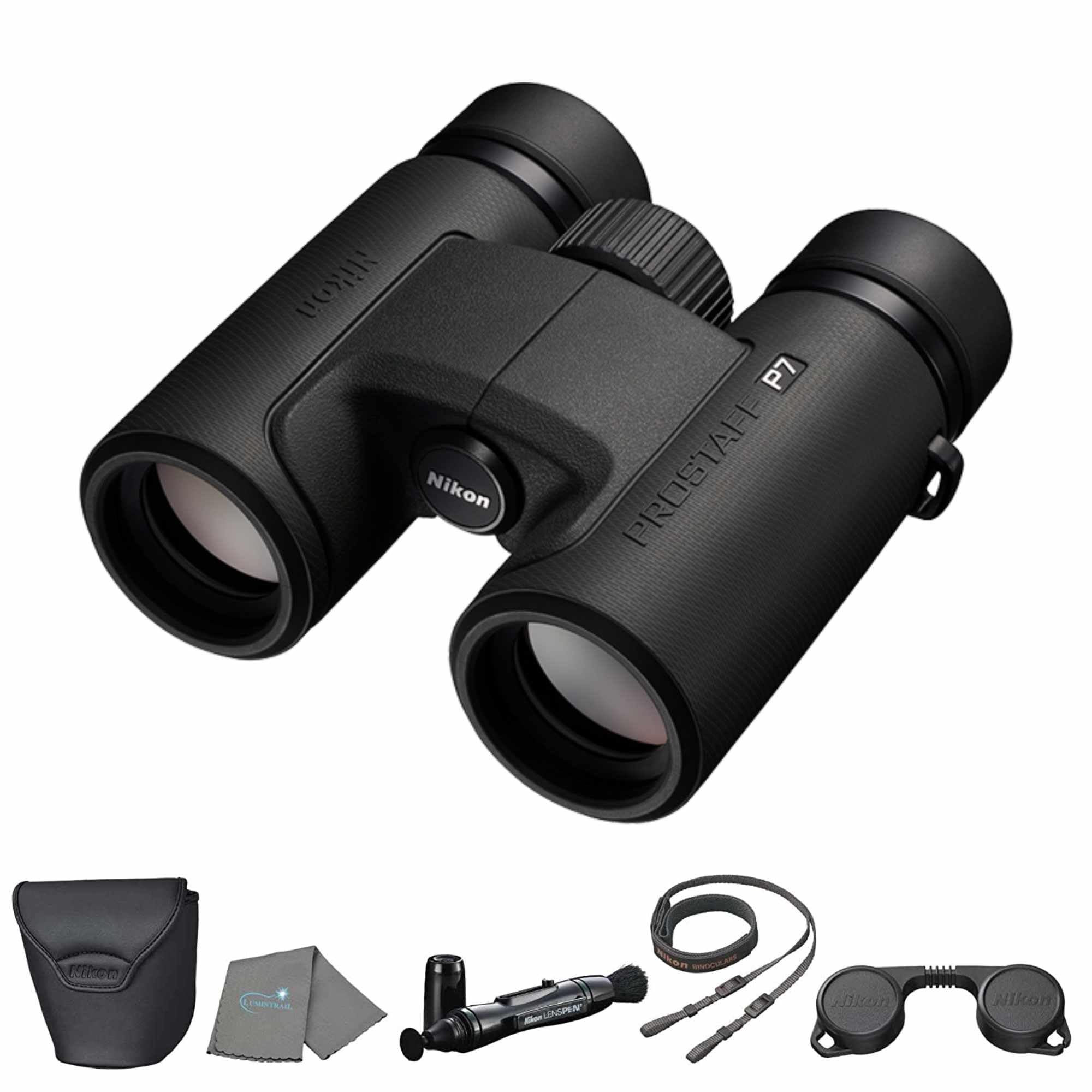 Nikon Prostaff P7 8X30 (16770) Black Binoculars Bundle With Lens Pen And Cleaning Cloth, Compact Binoculars For Adults For Hunti