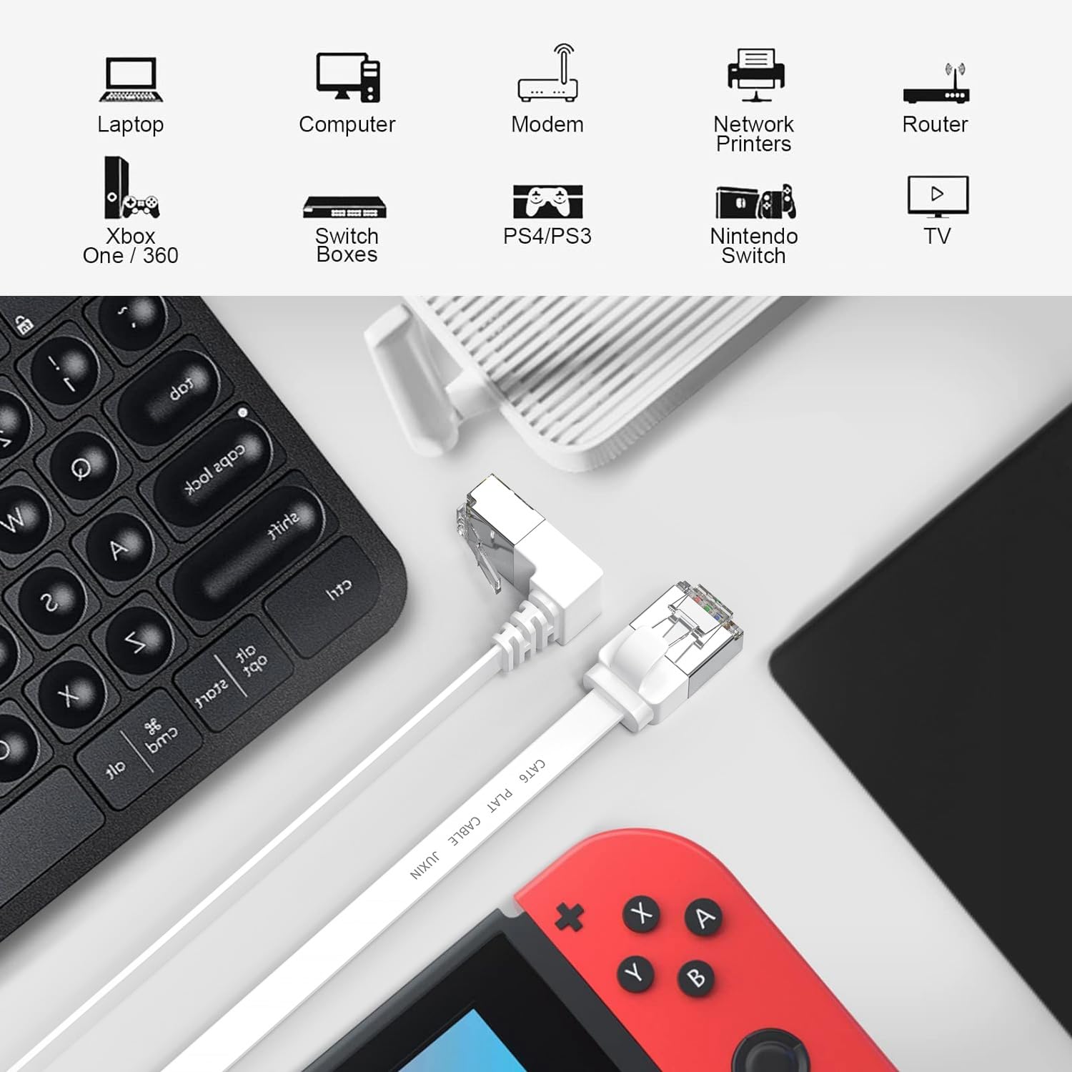 Juxinice 2 Packs Right Angle Cat 6 Ethernet Cable Flat 1.5Ft Short, 90 Degree Up Angle Patch Cable 10Gbps High Speed Internet And Network Cables White, Rj45 Connector,For Routers, Modem, Ps4/5, Xbox