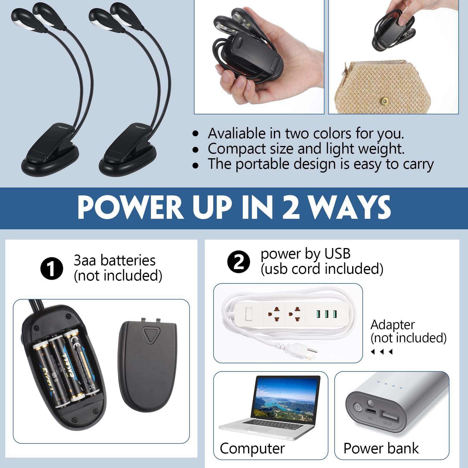 Rossesay 28 Pcs Music Stand Light Bulk Clip On Led Book Lights Usb And Aaa Battery Operated Brightness Dual Arm Clip Lamp Rechar