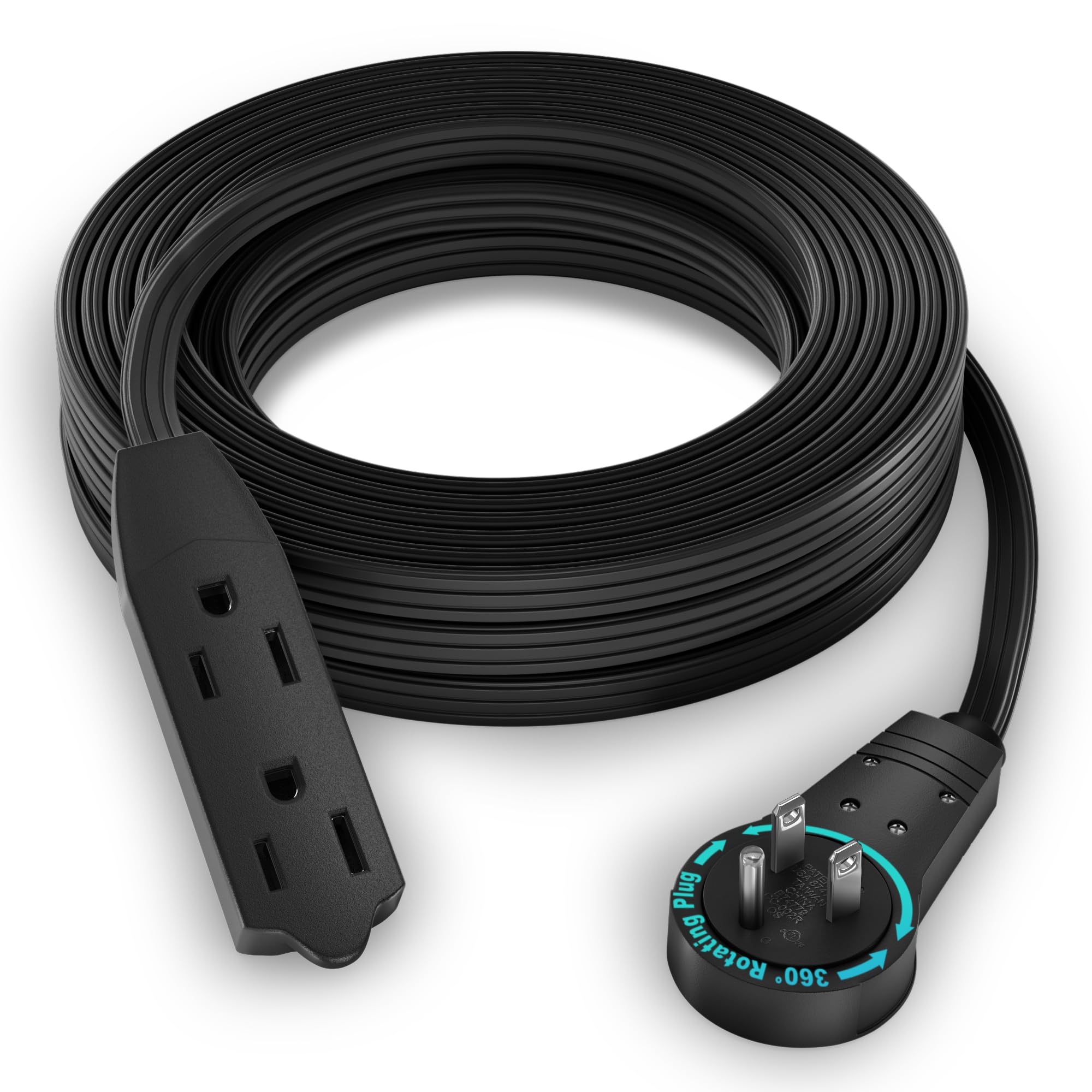 Maximm Cable 20 Ft 360 Rotating Flat Plug Extension Cord/Wire, 16/3 Awg Multi 3 Outlet 3-Prong Grounded Wire- Black - Ul Certifi