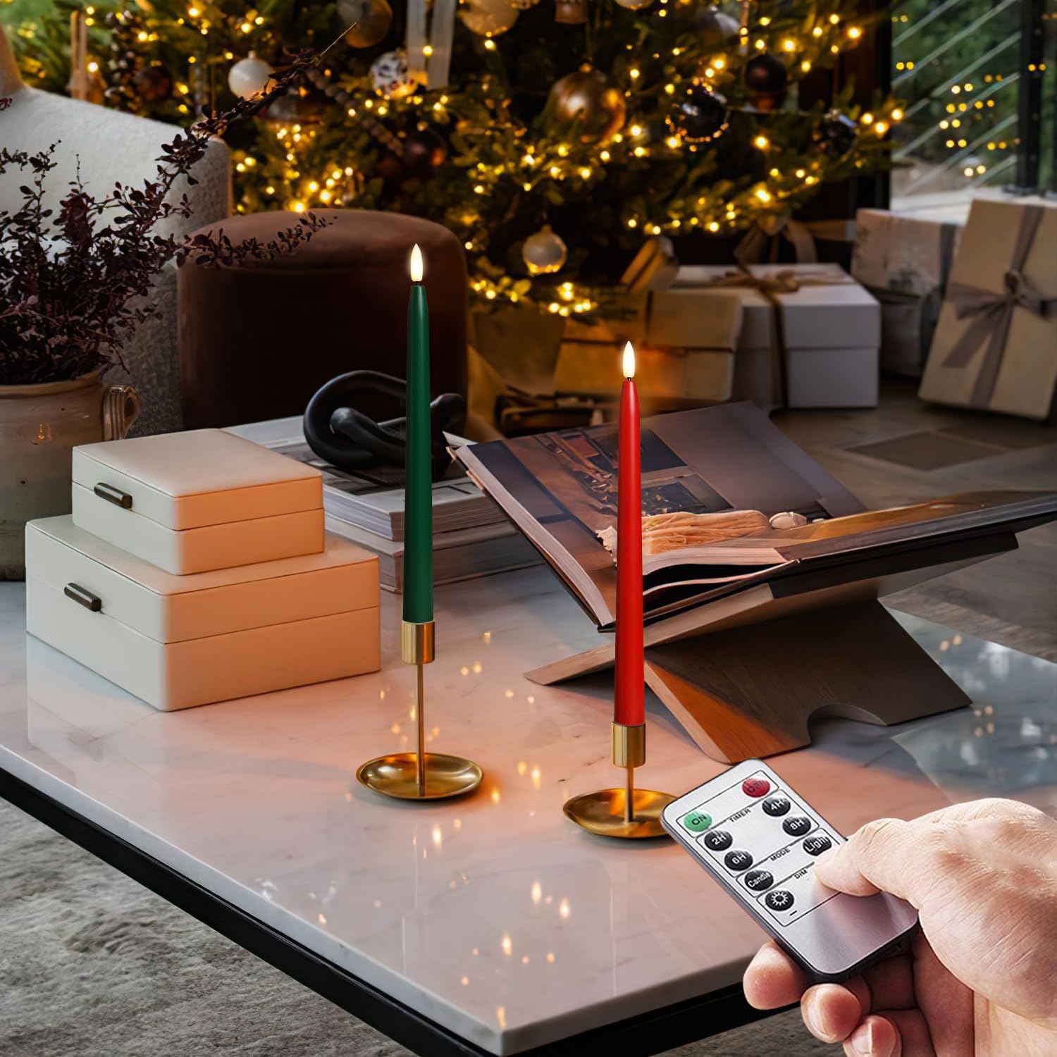 Stmarry Green And Red Flameless Taper Candles With Remote Control   11 Inch Led Candlesticks Battery Operated, Realistic 3D Flam