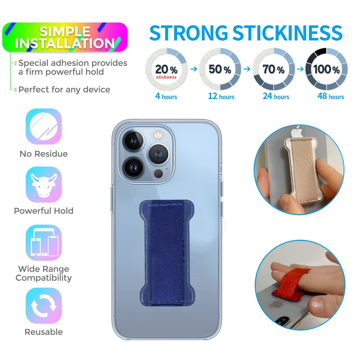 Wuoji Phone Grip Holder For Hand, Universal Finger Strap Phone Holder, Finger Selfie Grip Compatible With Most Smartphones (Blue