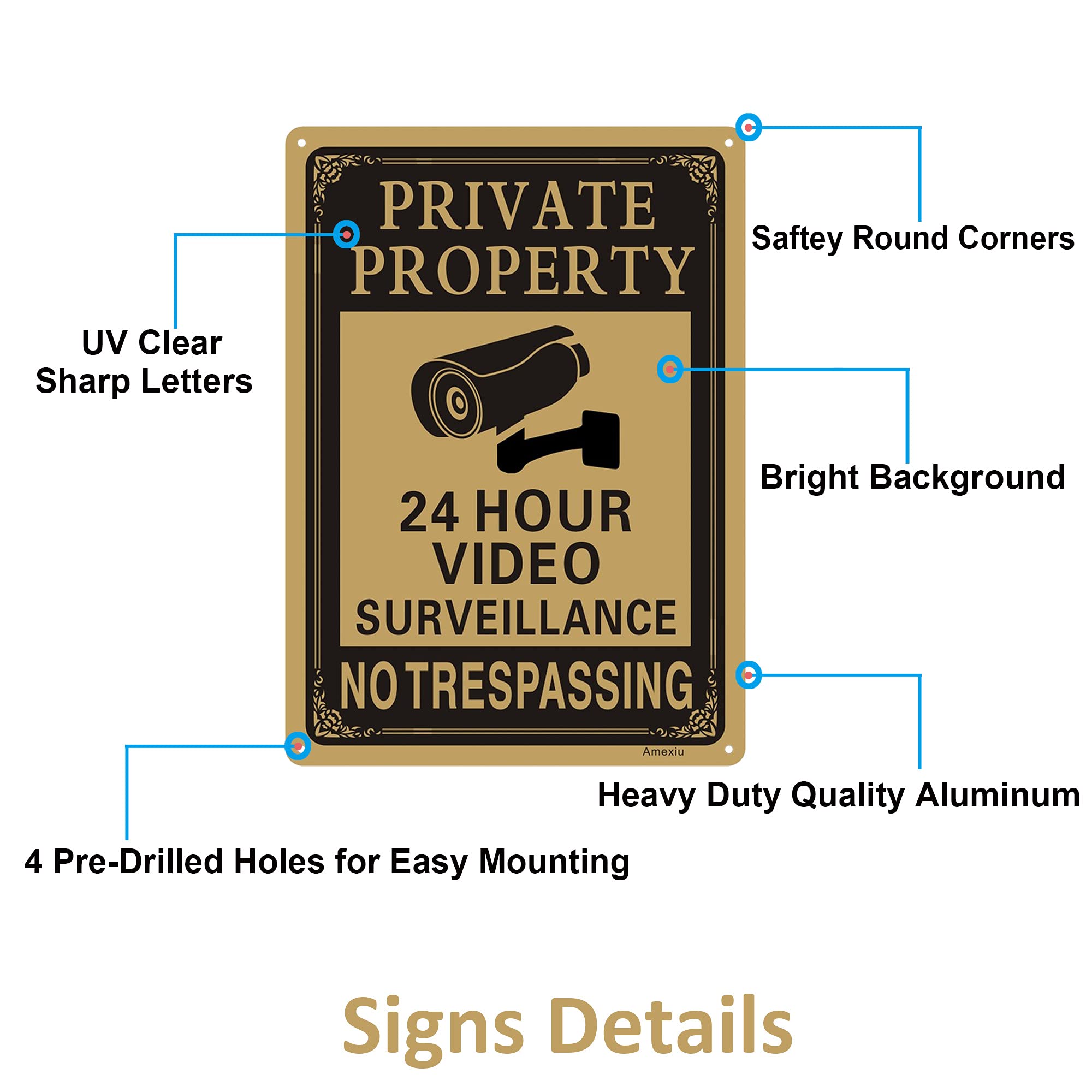 2 Pack Large Private Property No Trespassing Sign   24 Hours Video Surveillance Warning Sign | 14'' X 10'' Rust Free Aluminum Ea