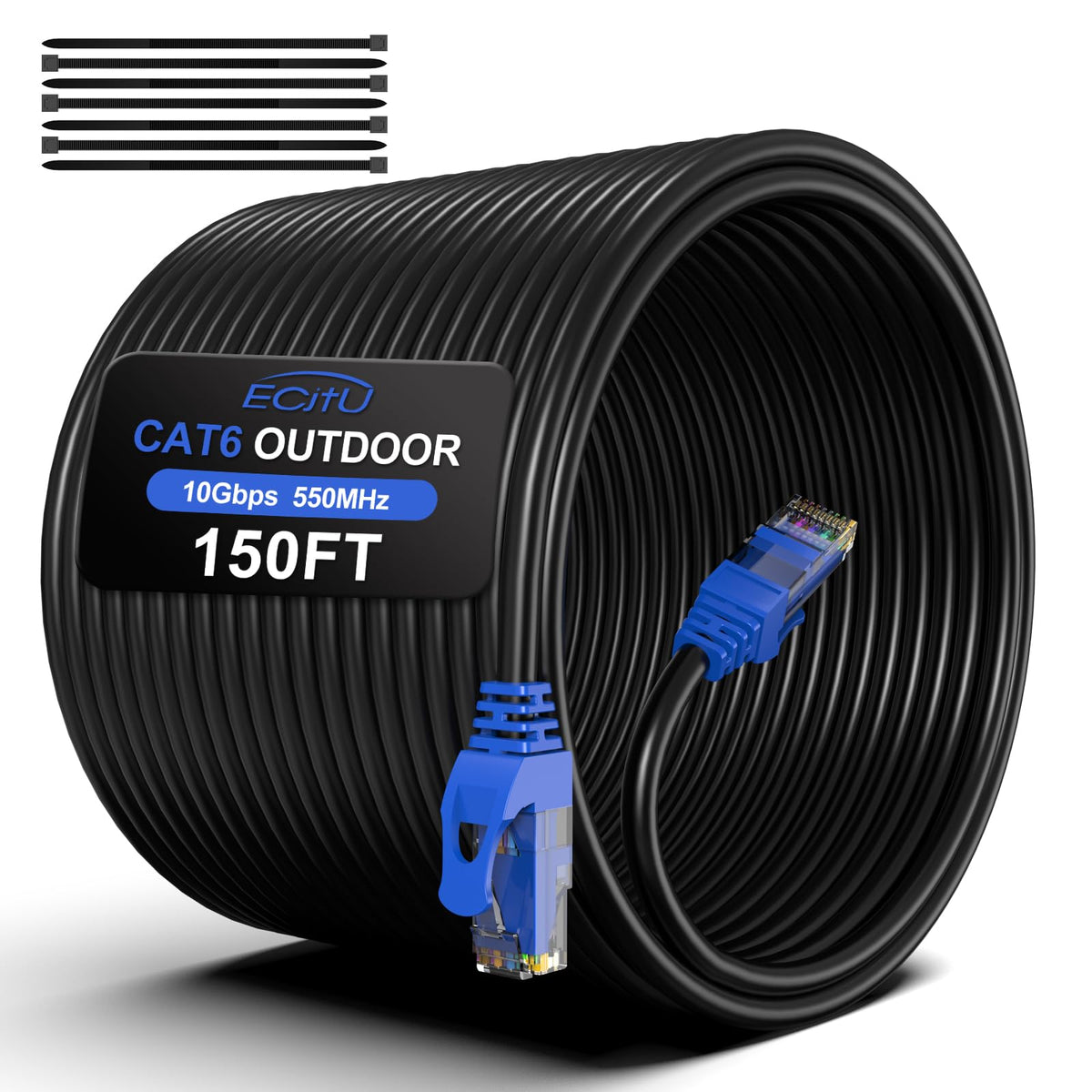 150Ft Cat6 Outdoor Ethernet Cable, In Ground, Heavy Duty Direct Burial, 24Awg Cca Patch Cord, Poe, Utp, Waterproof, Lldpe Uv Resistant, Network, Internet, Lan, Cat 6 Cable 150 Feet With 25 Cable Ties
