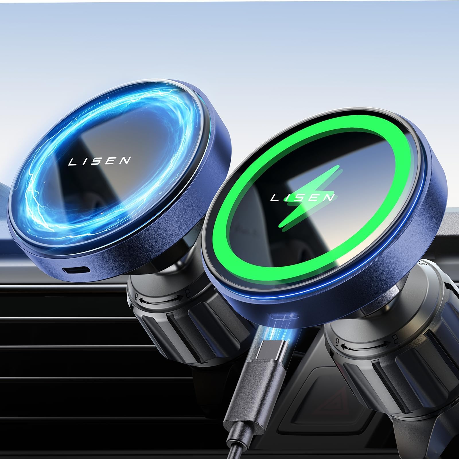 Lisen For Magsafe Car Mount Charger [20 Strong Magnets], For Magnet Car Charger, Hands Free 15W Wireless Car Charger For Iphone