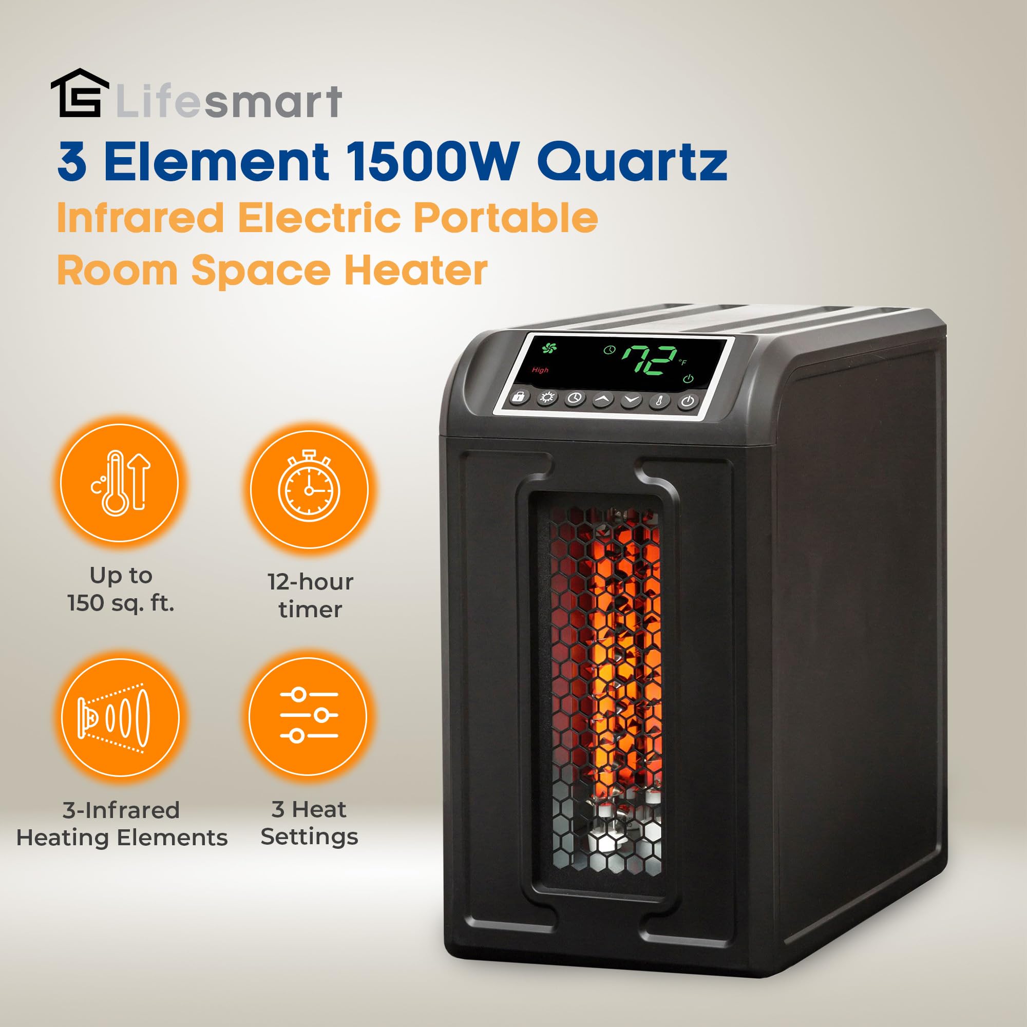 Lifesmart Infrared Quartz Space Heater, 1500W Portable 3 Element Heater With Remote, Black