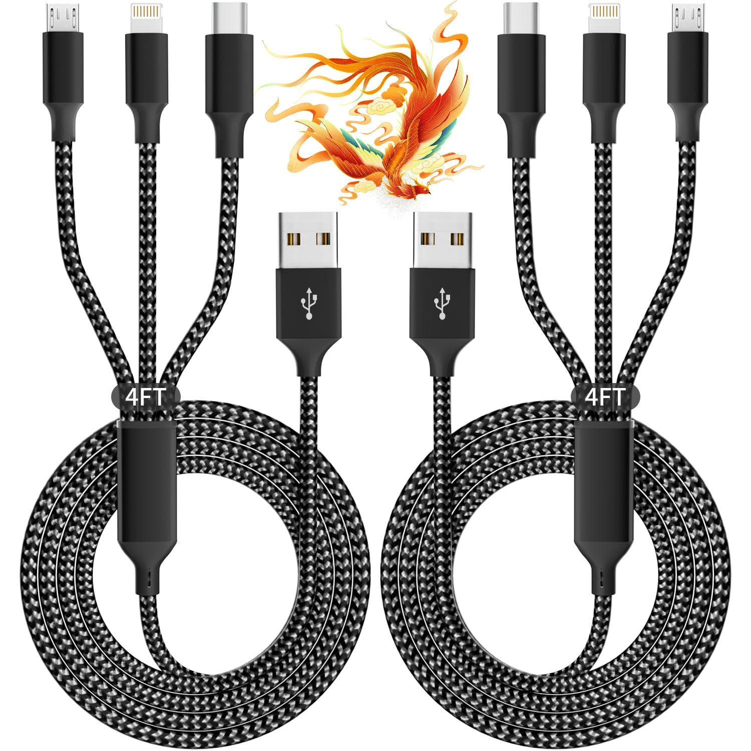Idison Multi Charging Cable(2Pack 4Ft), 3 In 1 Charger Cable Nylon Braided Multiple Usb Cable Universal Phone Charging Cord With Type C, Micro Usb, Ip Port For Iphone16/15 Series/Cell Phones And More