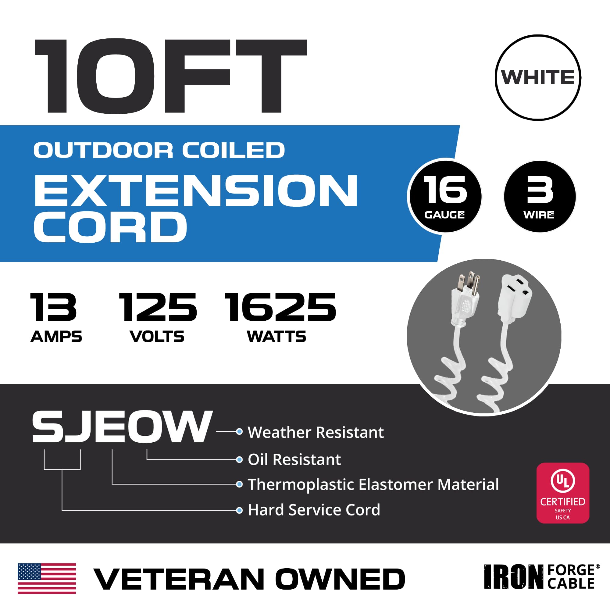 IRON FORGE CABLE 10 ft Coiled Extension Cord, White, 13 Amp, Oil Resistant & Flame Retardant for Indoor & Outdoor Use