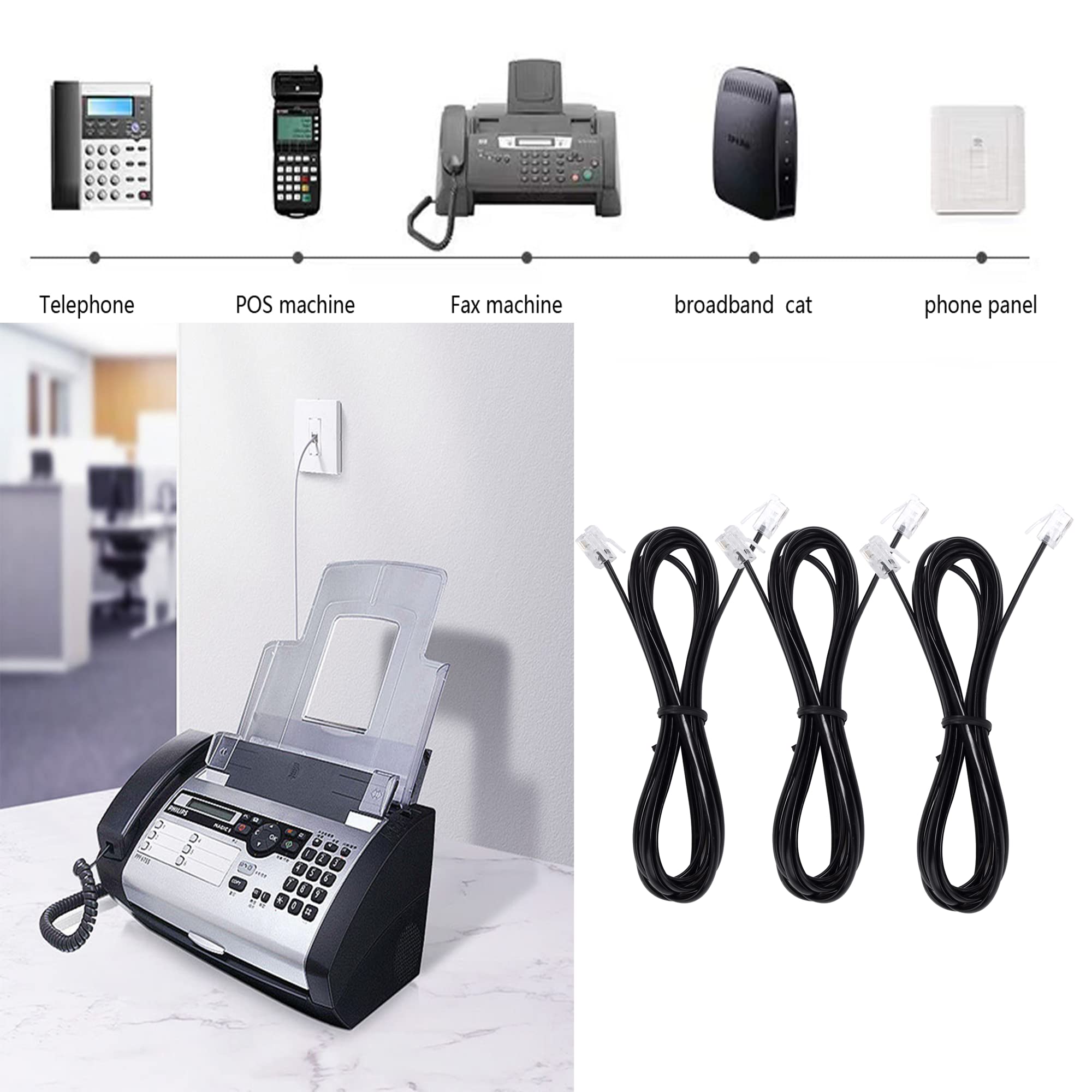 Telephone Landline Extension Cord Cable Cord With Standard Rj 11 6P4C Plug (3Ft 3Pack, Black)