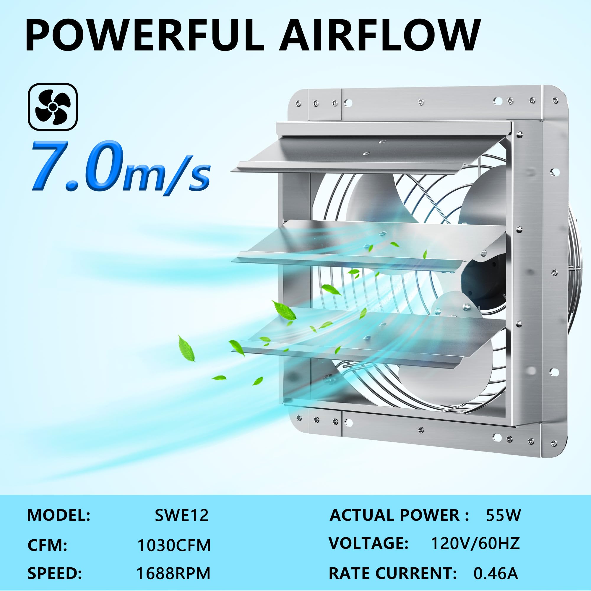 Ficbxra 12 Inch Shutter Exhaust Fan, Aluminum Wall Mounted Exhaust Fan, 1030 Cfm High Speed Automatic Shutter Attic Fan, Vent Fa