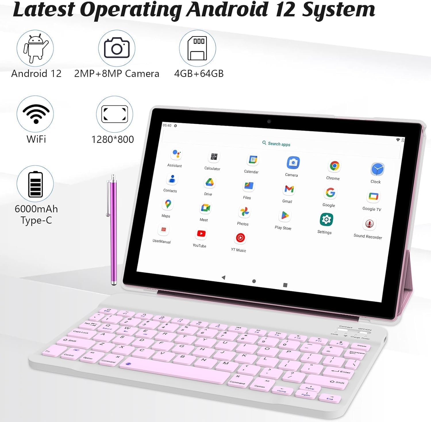 Android 12 Tablet 10 Inch Tablet, 2024 Upgraded 2 In 1 Tablet With Keyboard/ Mouse/ Case/ Stylus/ Tempered Film, 4Gb Ram+64Gb Ro