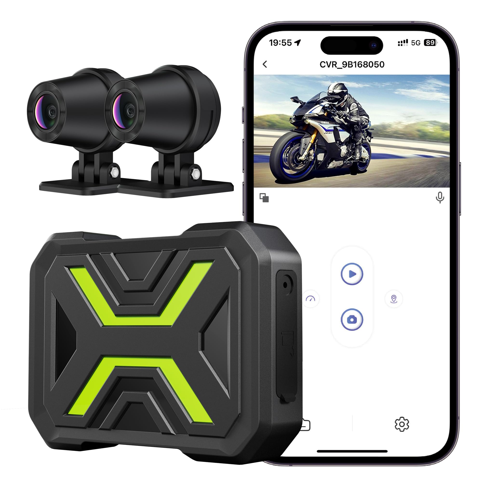 Motorcycle Dash Cam, 1080p + 1080p Front and Rear Dash Cam for Motorcycle, Wide Angle, Night Vision, App Connect, Ip67 Waterproo