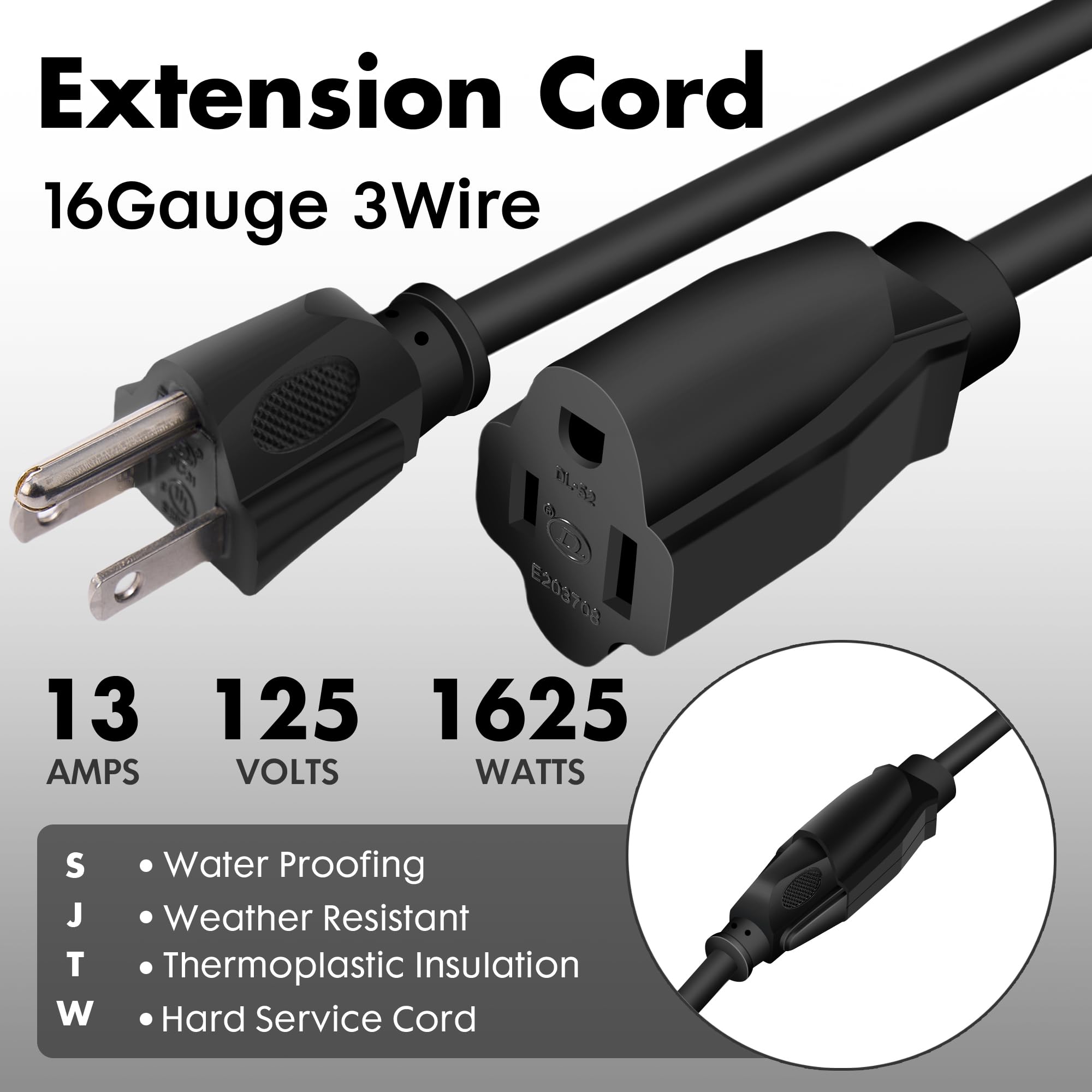 Palarine 10Ft Black Outdoor Extension Cord Waterproof, Ul Listed, 16/3 Sjtw Heavy Duty 3 Prong, 16 Gauge 13A Power Cord Ideal Fo