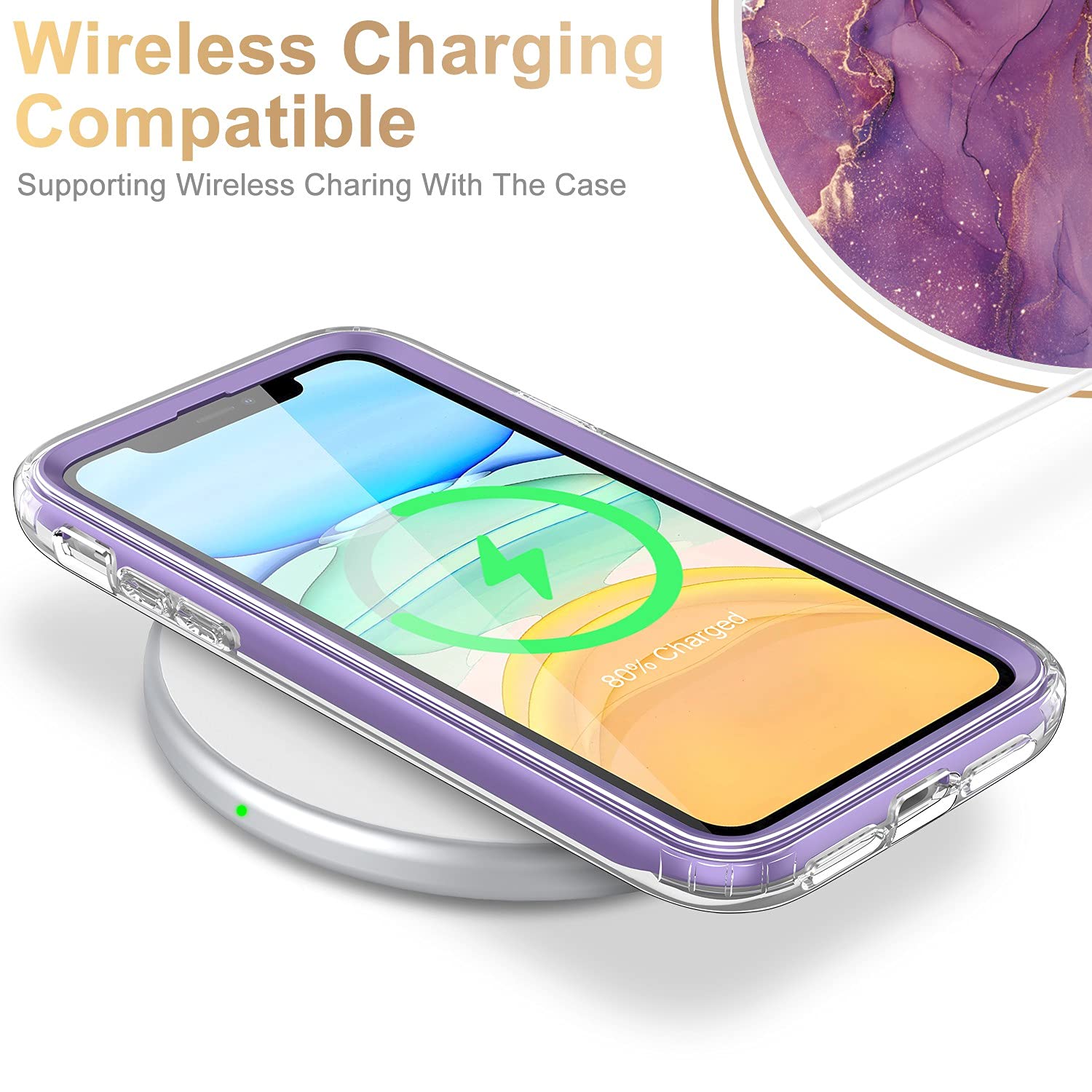 Esdot iPhone 12 Pro Max Case with Built-in Screen Protector, TPU Glitter Purple Marble 6.7 inch
