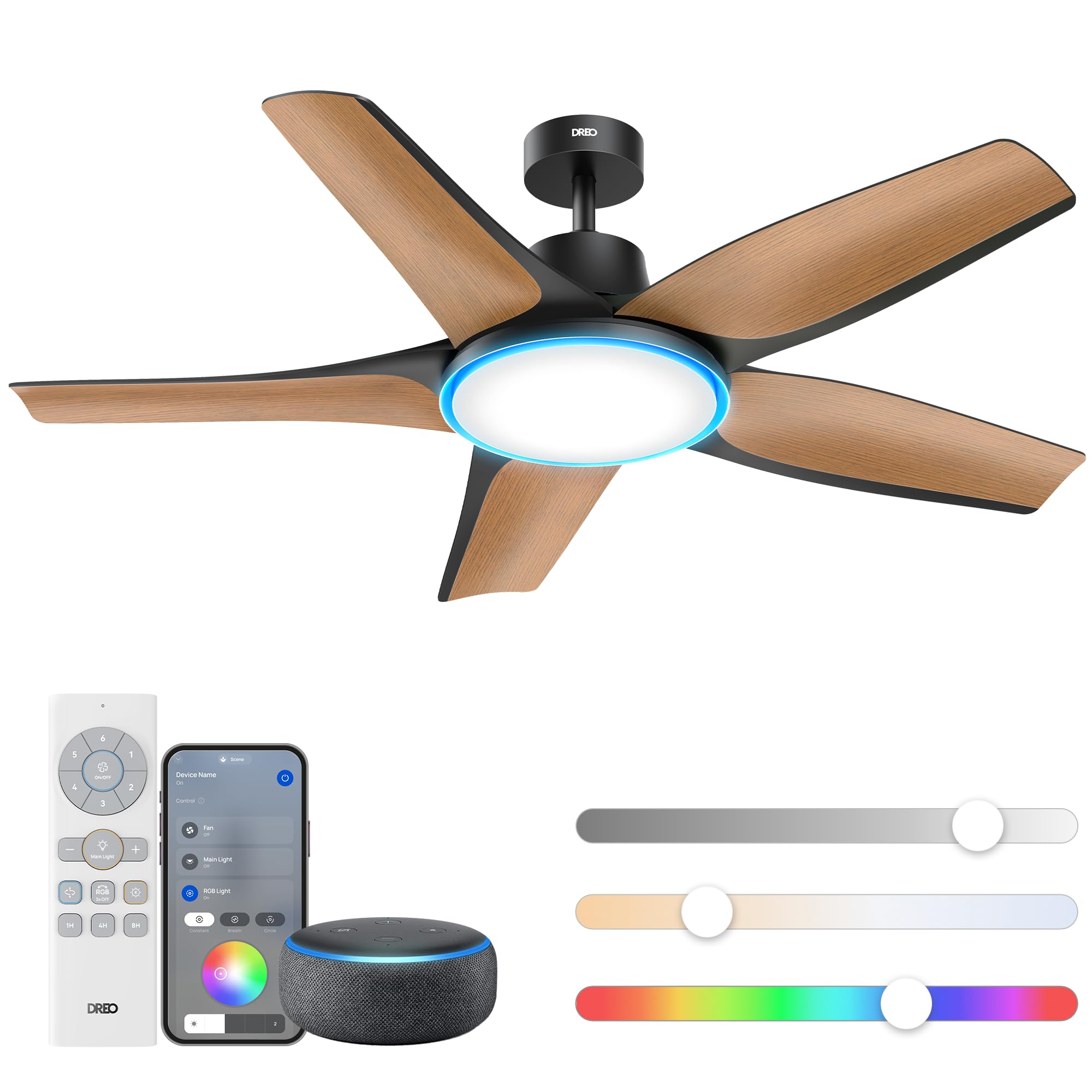 Dreo Smart Ceiling Fans With Lights, Low Profile Ceiling Fan With Alexa/App, 52'' Dimmable Lighting & Color Tuning, Rgb Ambient
