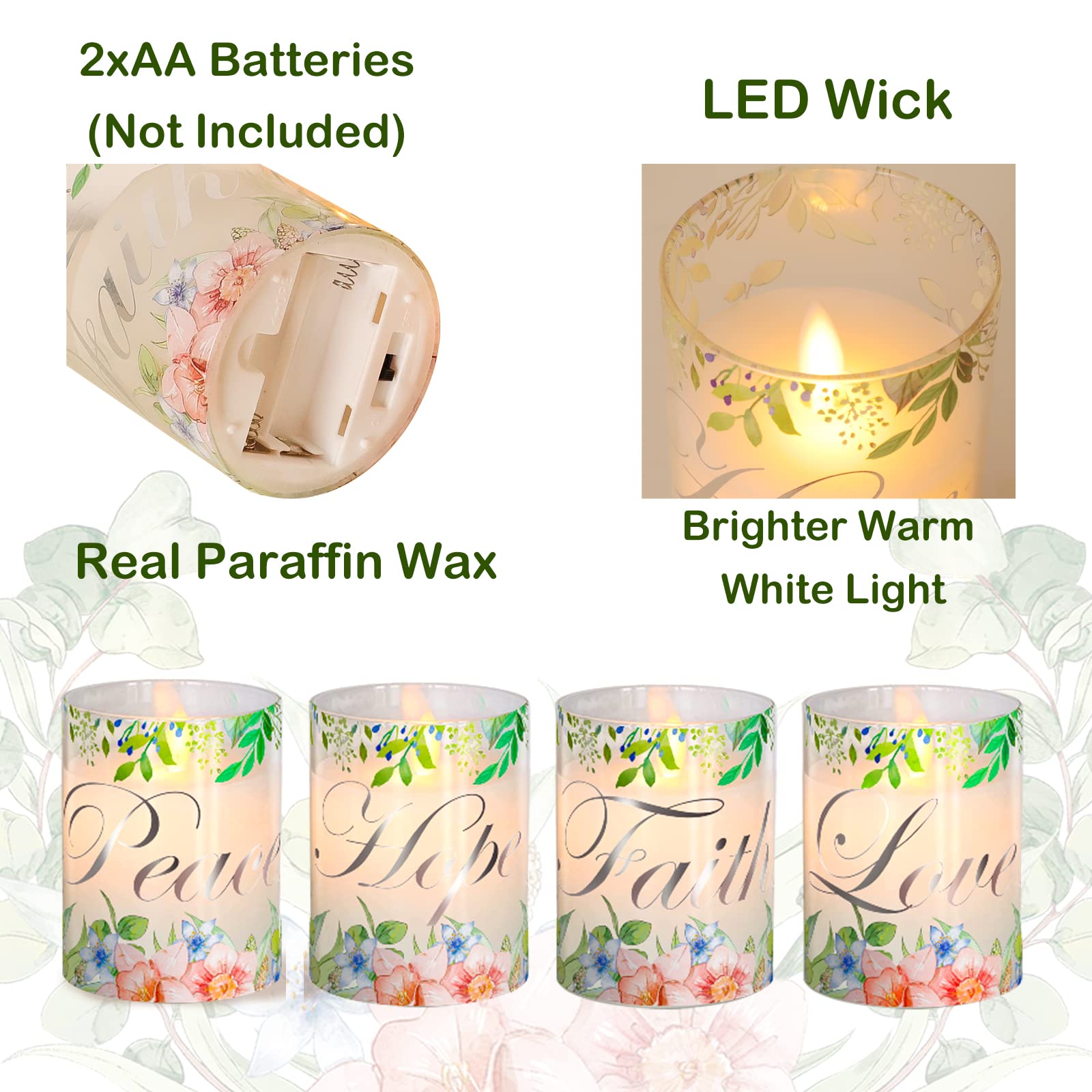 Silverstro Floral Flameless Candles Real Wax Glass Flickering Led Candles With Remote   Home Party Room Botanical Christmas Deco