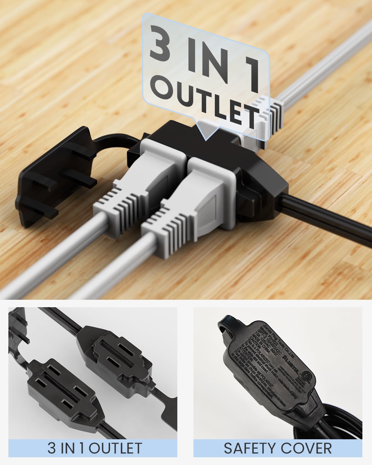 Plugtul Indoor Extension Cord 6 Ft, 2 Prong Black Extension Cord, 3 Polarized Outlets With Safety Cap Protect For Home Office, 1