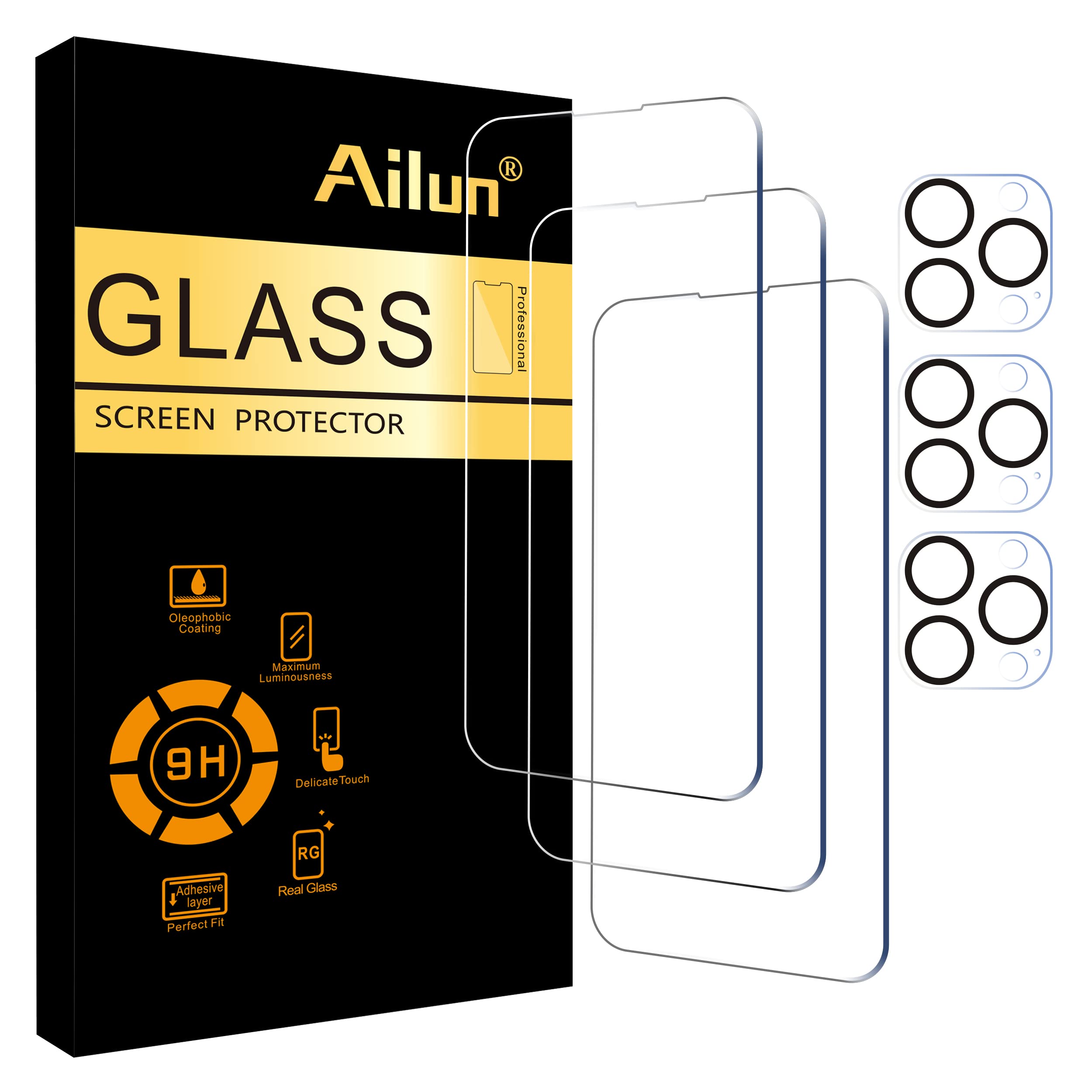 Ailun 3 Pack Screen Protector For Iphone 14 Pro [6.1 Inch] + 3 Pack Camera Lens Protector,Sensor Protection,Dynamic Island Compa