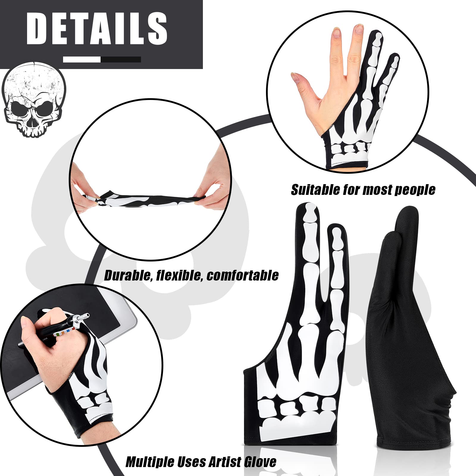 Jecery 2 Pieces Skeleton Artist Glove For Drawing Tablet Glove For Graphics With 2 Finger Digital Tablet Drawing Glove Palm Reje