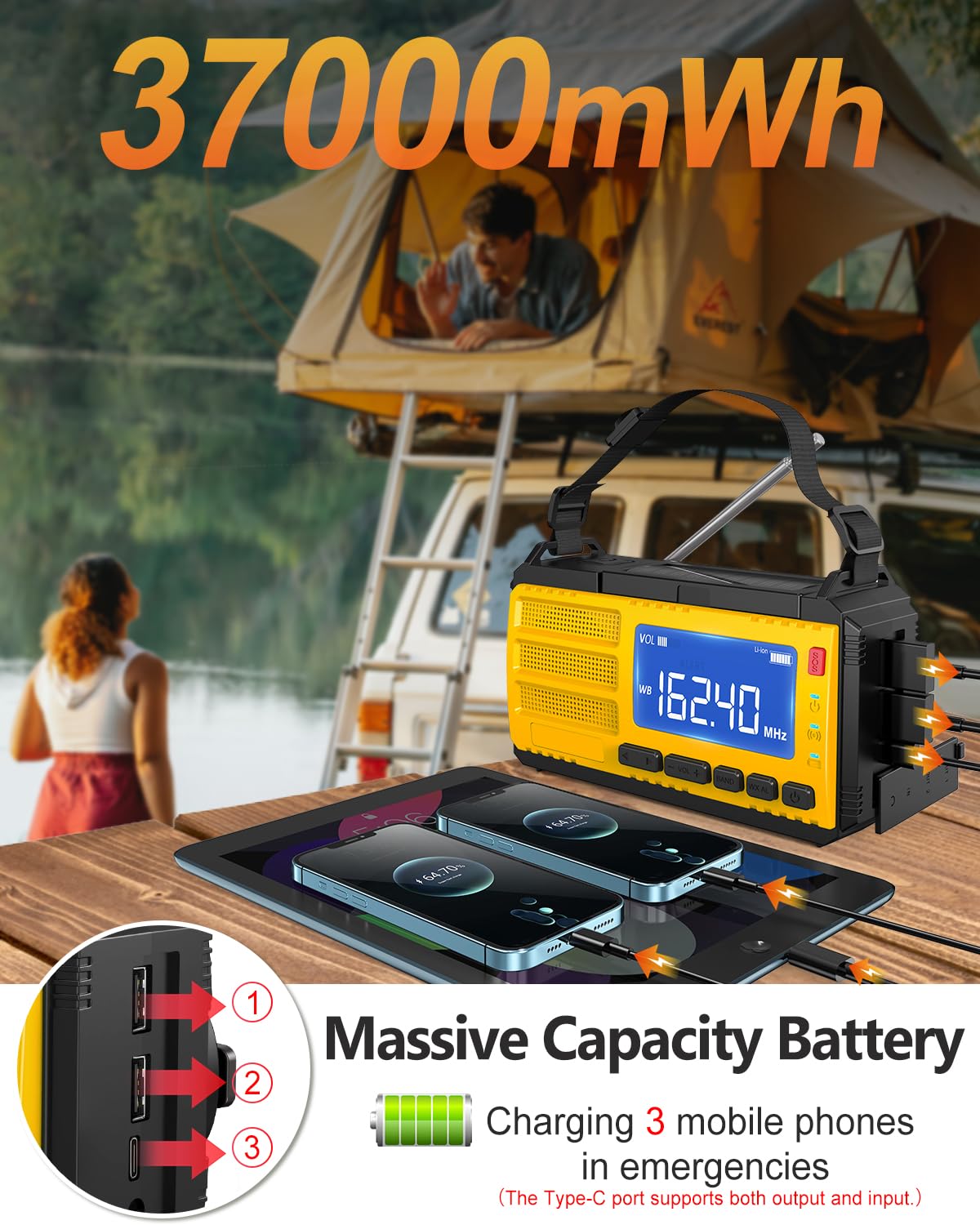 10000Mah Emergency Hand Crank Radio, Am/Fm/Noaa Weather Alert, Solar Powered, 4 Charging Methods, 3-Mode Flashlight, Reading Lam