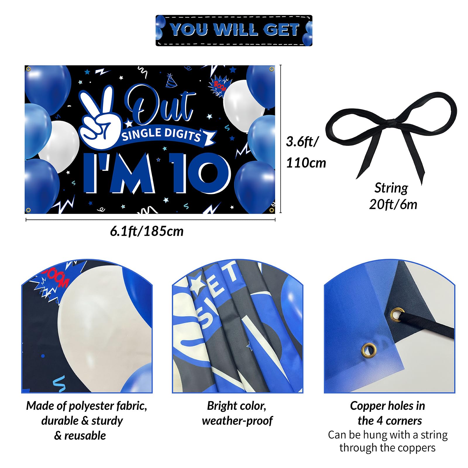 Happy 10Th Birthday Backdrop Banner, 10Th Birthday Decorations For Boys Girls, Funny Double Digits 10 Years Old Birthday Party P