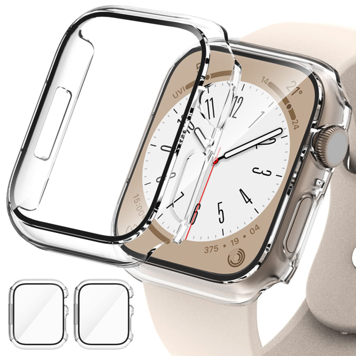 2 Pack Hard Pc Case For Apple Watch Series 9 Series 8/7 45Mm Screen Protector, Ewuonu Tempered Glass Film Hard Bumper Anti-Scrat