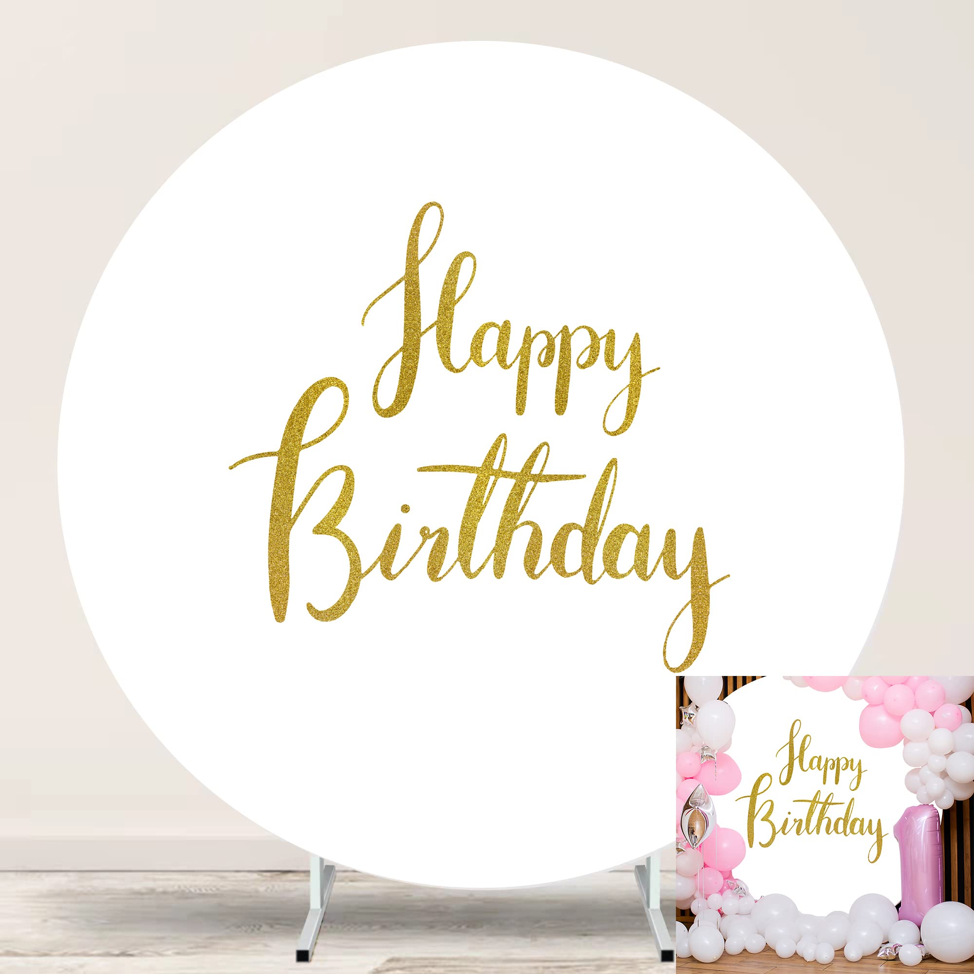 Jditngp Happy Birthday Round Backdrop Cover 7.2Ft,White Circle Background Stand Cover With 4Clips,7.2 Round Backdrop Cover Happy