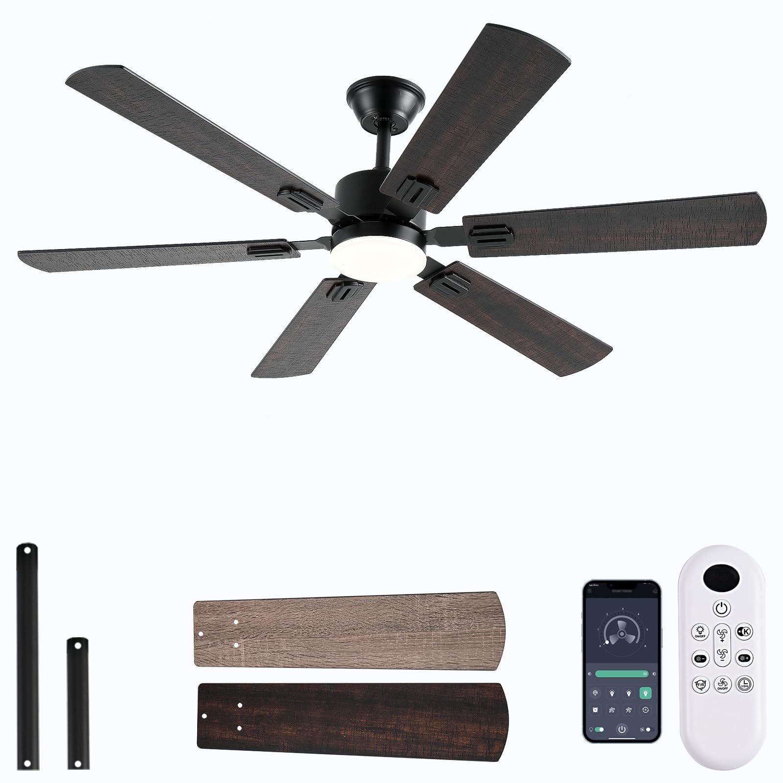 56Inch Ceiling Fans With Lights And Remote/App Control, Dimmable Led, Reversible Dc Motor, Noiseless, 6 Double Side Blades, Mode