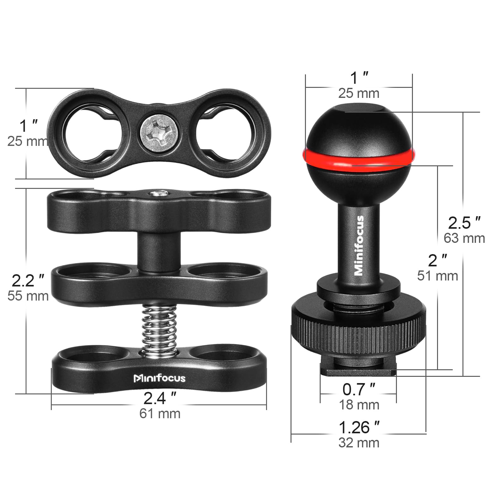 Minifocus 1'' Ball Clamp Mount With Cold Shoe Ball Mount Head Base Adapter Connector For Diving Light Arm Underwater Camera Wate