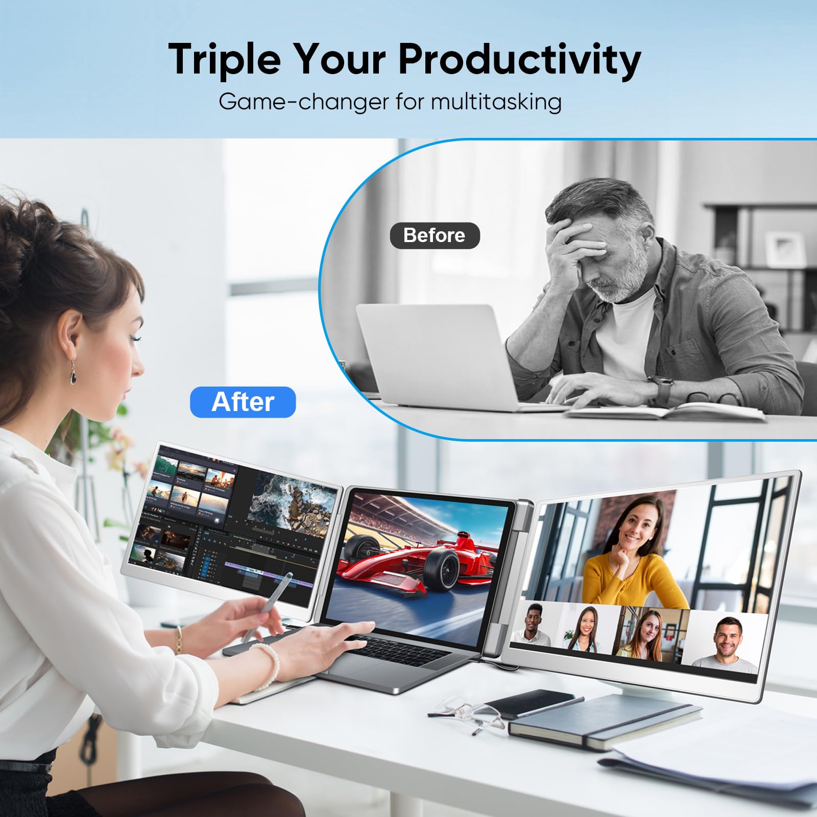 Lxu 16-Inch Portable Monitor For Laptop | 2025 New Upgraded 1200P 16:10 Fhd Screen Extender | Plug-Play Laptop Extended Monitor