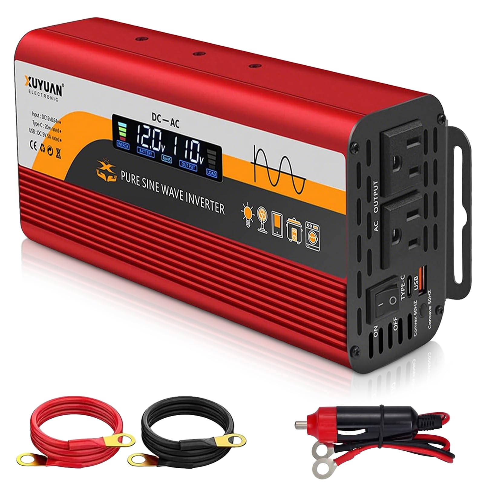 1000W Pure Sine Wave Inverter, 12V/24V Auto-Detect, 50Hz/60Hz Switchable, LCD Display, Type-C Fast Charging, Silent Design, Over