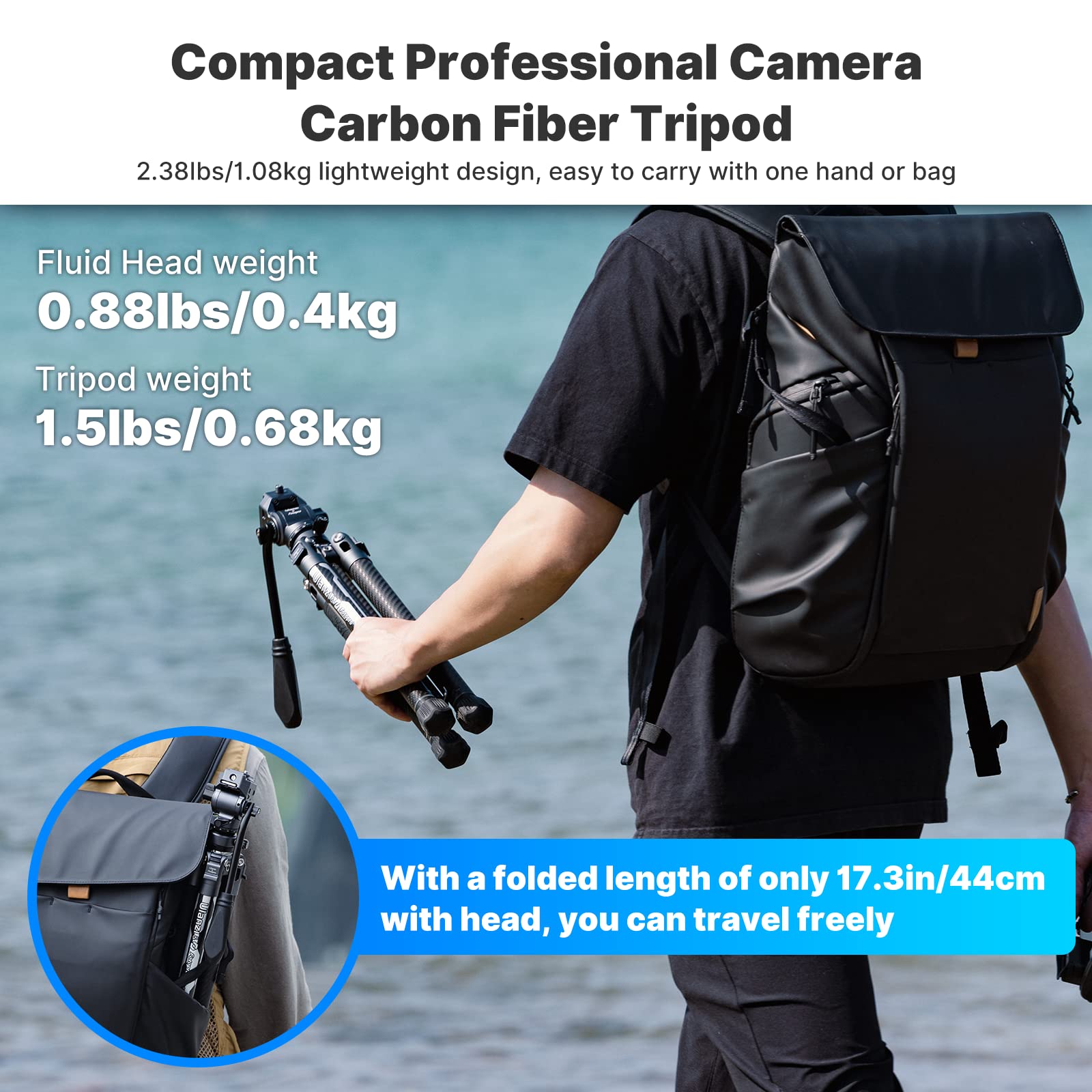 Ulanzi F38 Video Travel Tripod, 61.4' Carbon Fiber Tripod W Quick Release Fluid Head, 2.38Lbs Ultra Lightweight Portable Stable Professional Camera Photo Video Tripod, Load Up To 22Lbs, With Bag