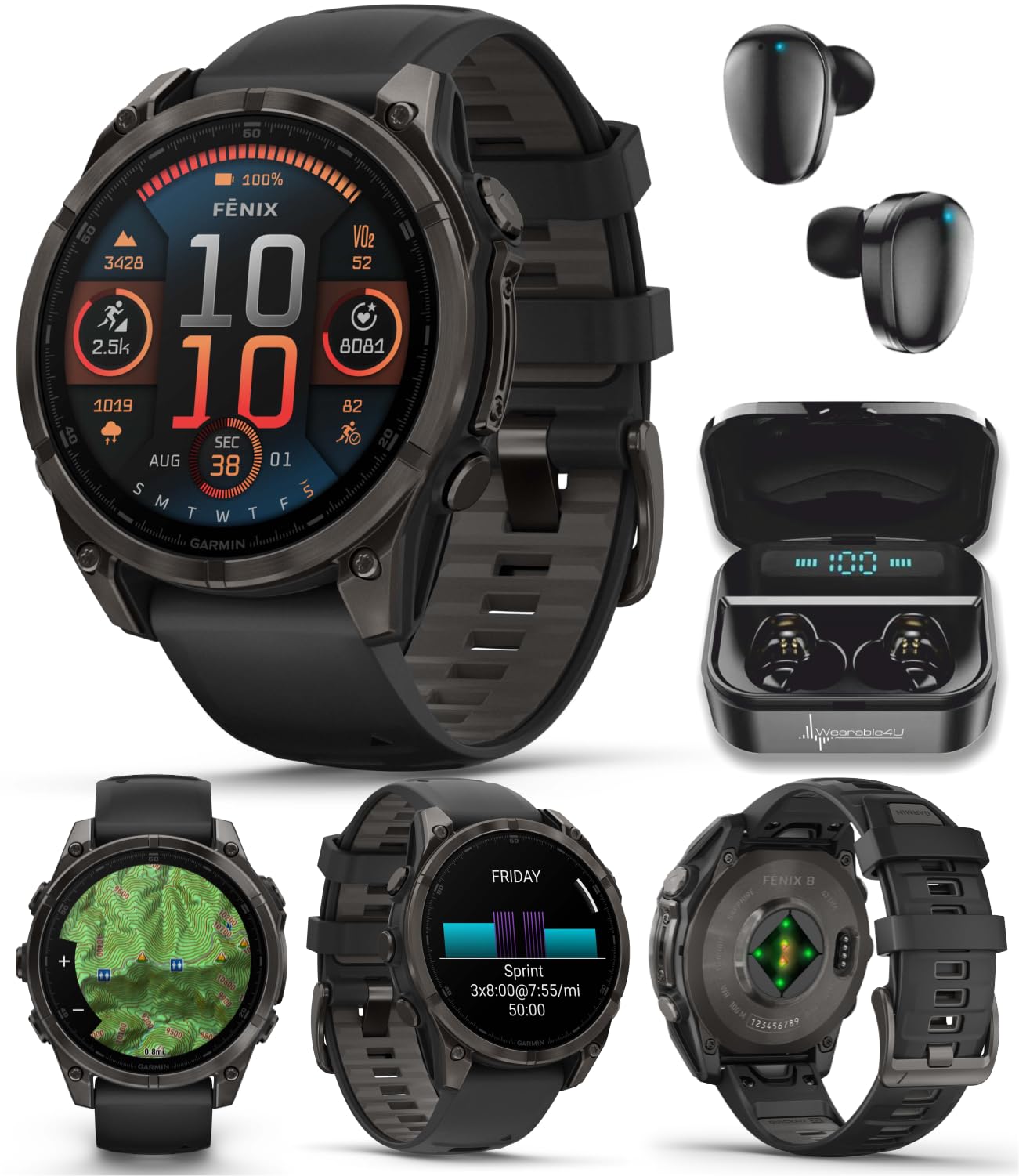 Wearable4U Garmin Fenix 8 - 47 mm, AMOLED Sapphire Multisport GPS Smartwatch,Carbon Gray DLC Titanium with Black/Pebble Gray Sil