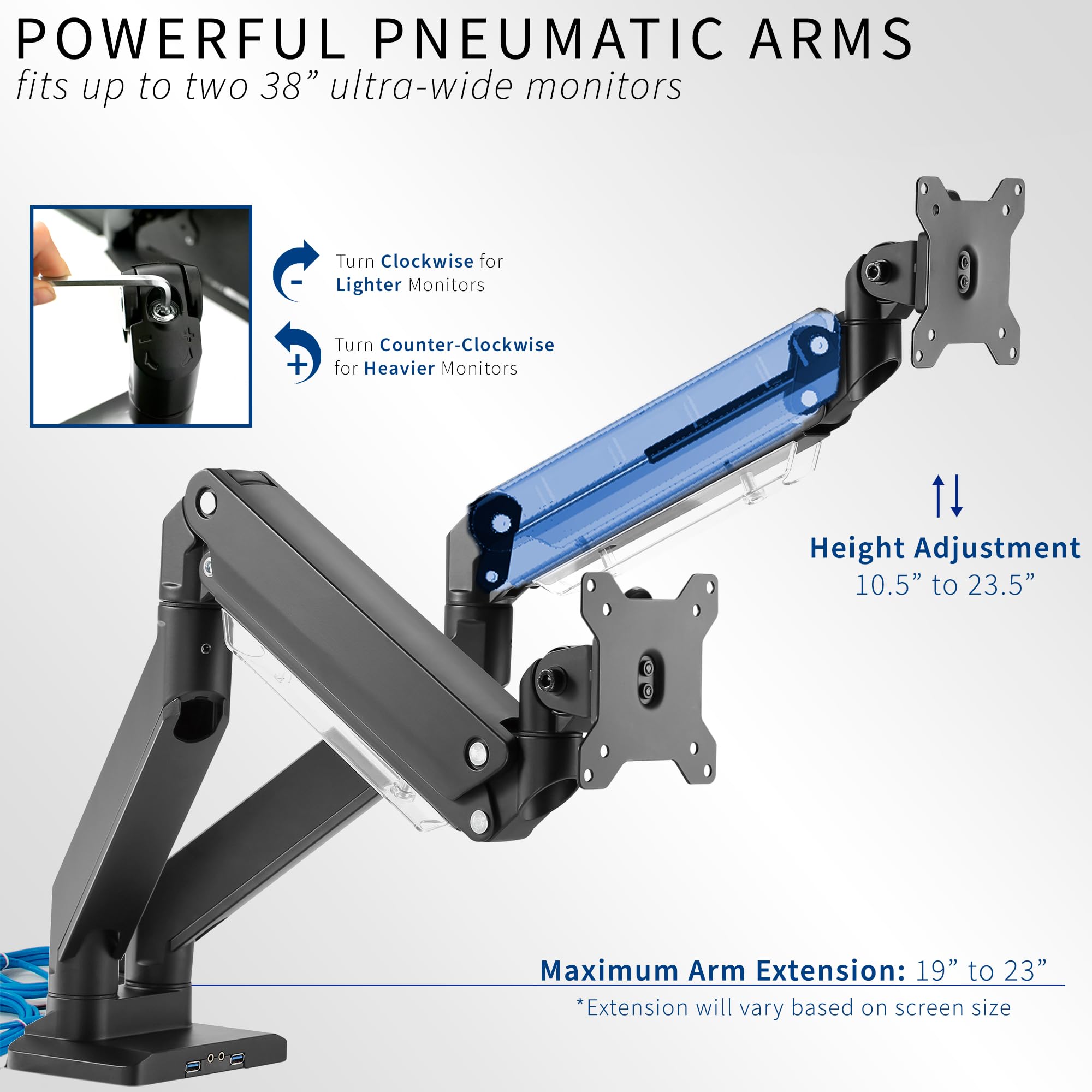 VIVO Premium Aluminum Heavy Duty Arms, Fits 2 Ultrawide Monitors up to 38 inches, Widescreen Dual Monitor Desk Mount with Instant Pneumatic Spring Height Adjustment VESA Stand, USB 3.0, STAND V102G2U