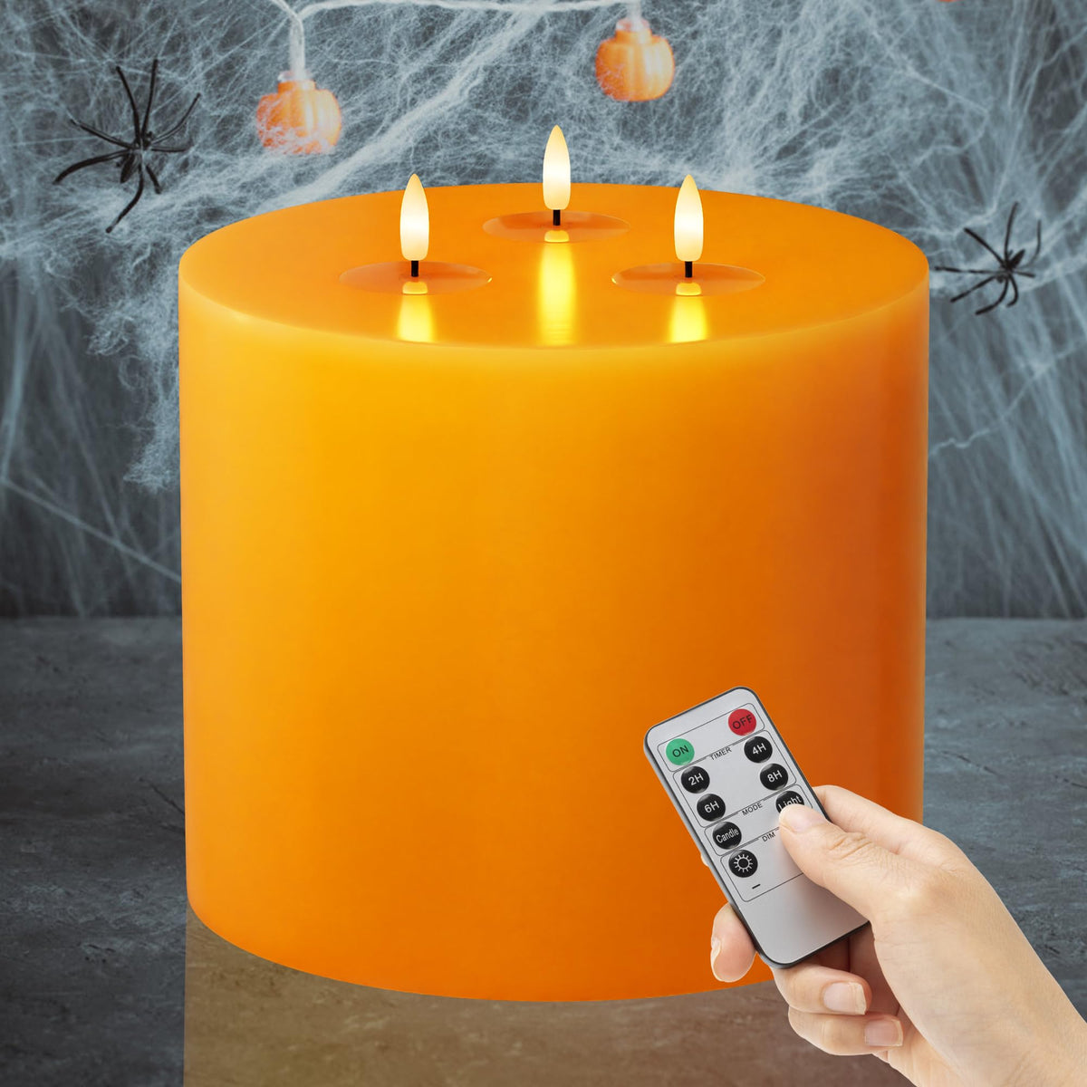 Afineth Orange Extra Large Flameless Candles, 6''X6'' Halloween Real Wax Battery Operated Candles With Remote, Flickering Fall L