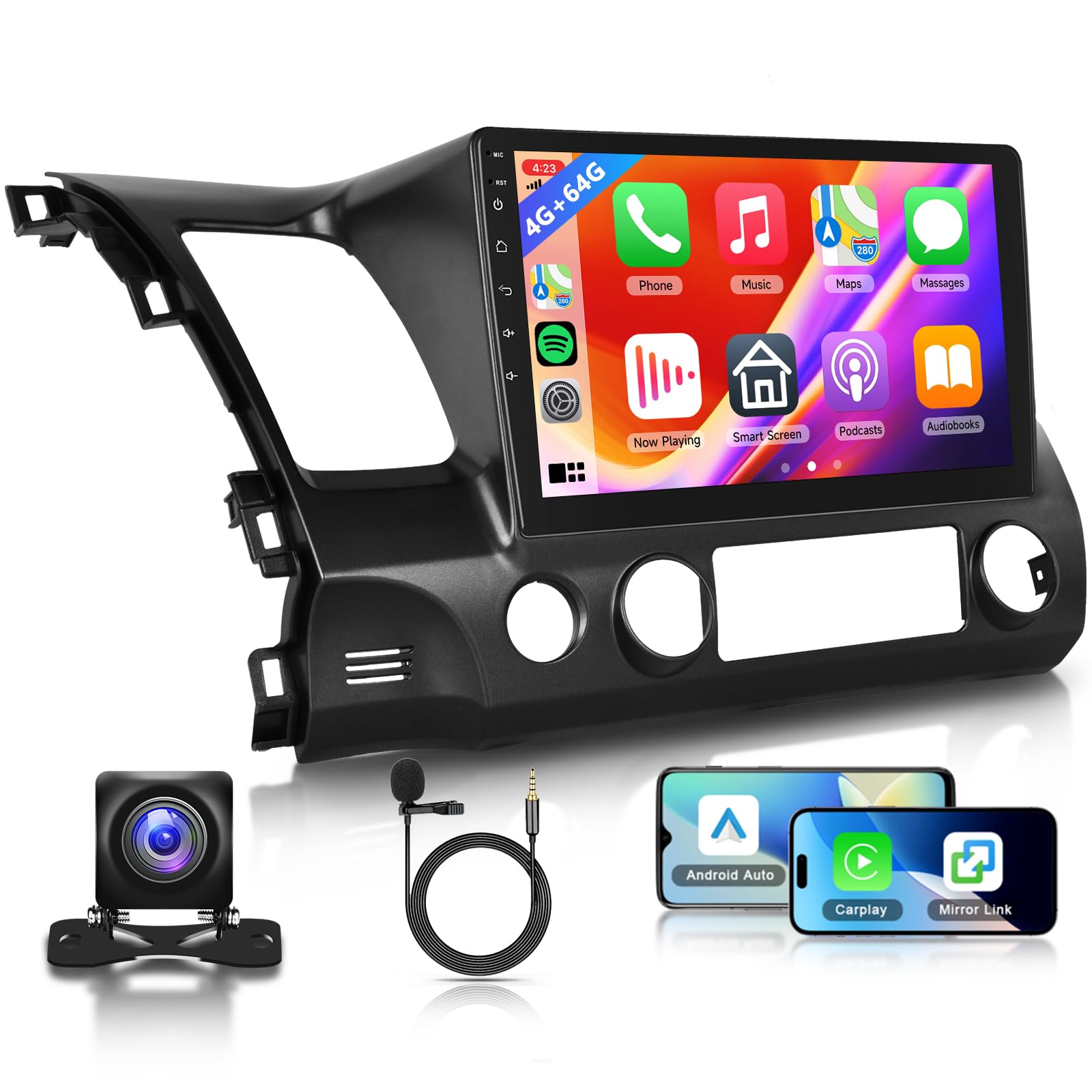 4G+64G Radio for Honda Civic 2006 2007 2008 2009 2010 2011 Car Stereo, Wireless CarPlay Android Auto 10.1 Inch IPS Touch Screen 